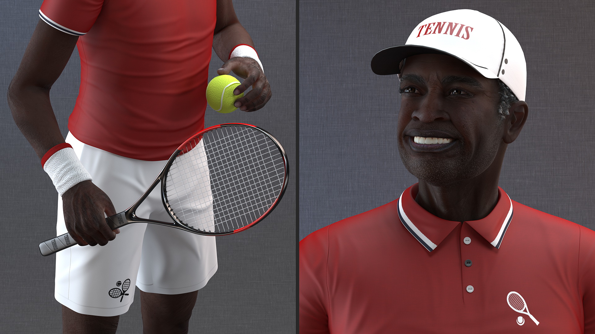 3D Elderly Afro American Man in Tennis Outfit Standing