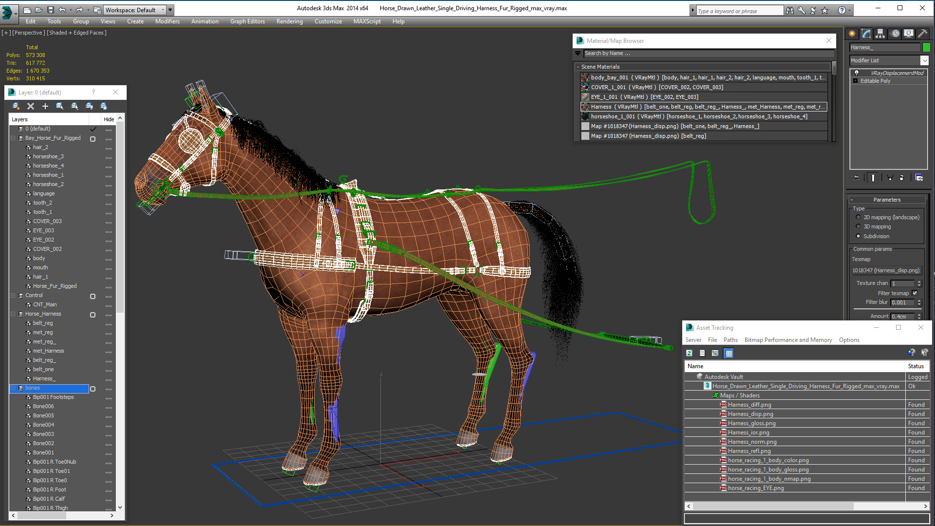 3D Horse Drawn Leather Single Driving Harness Fur Rigged model