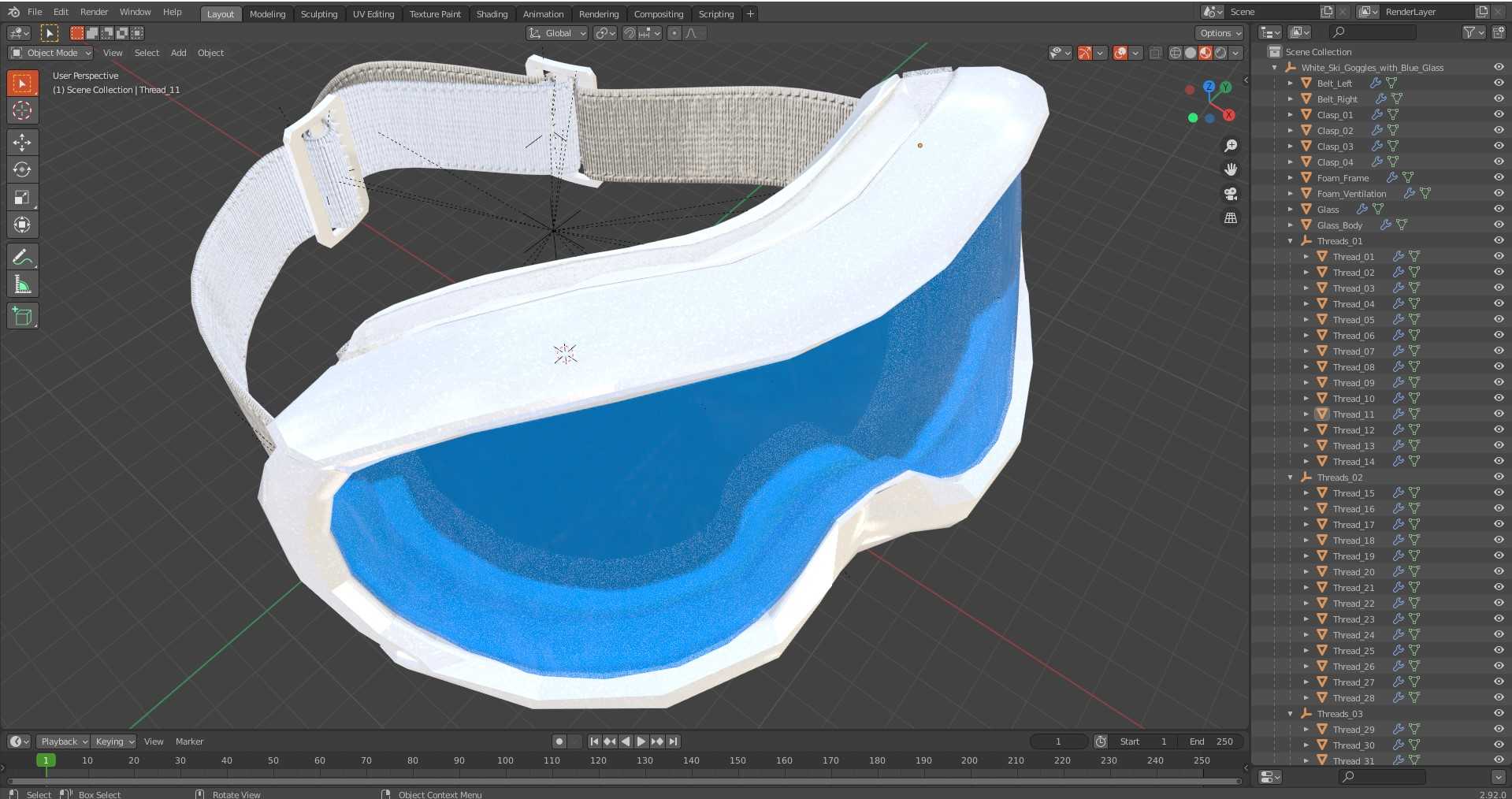3D White Ski Goggles with Blue Glass model