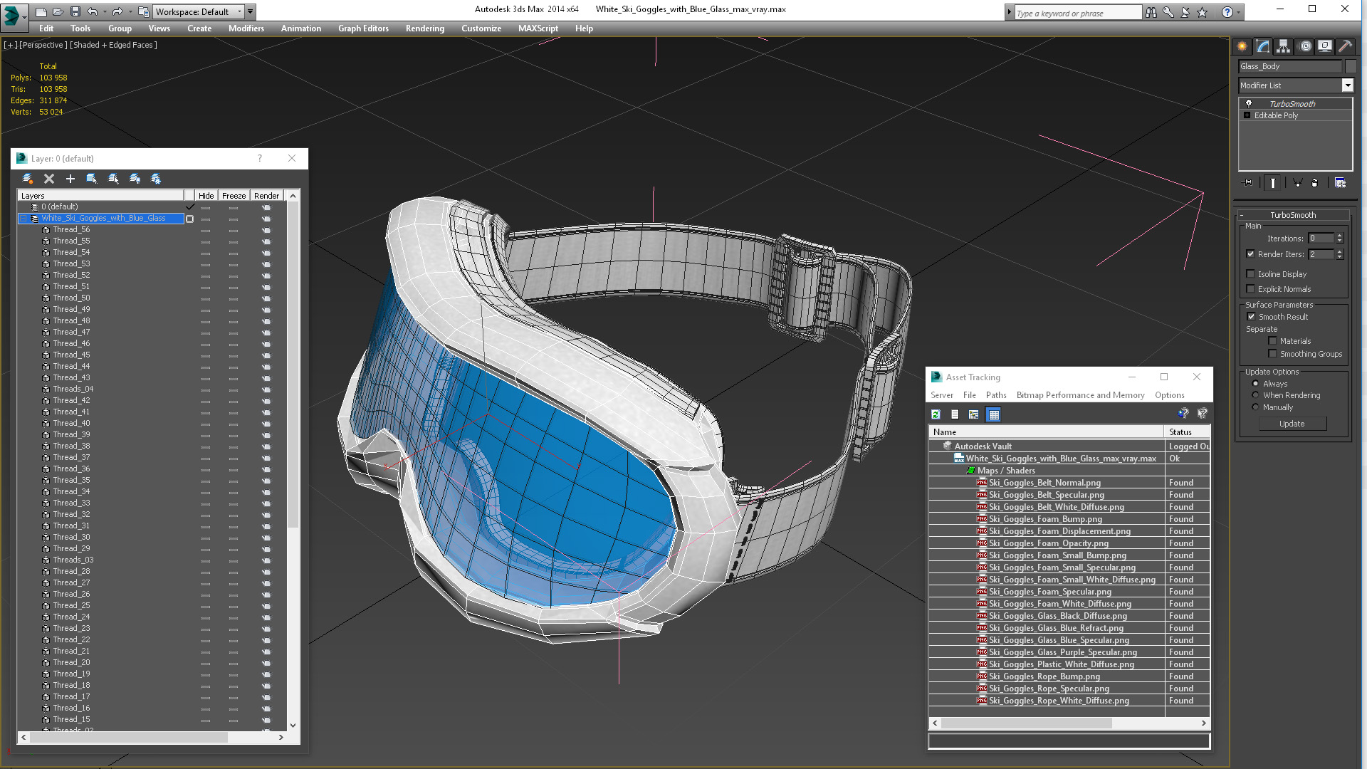 3D White Ski Goggles with Blue Glass model