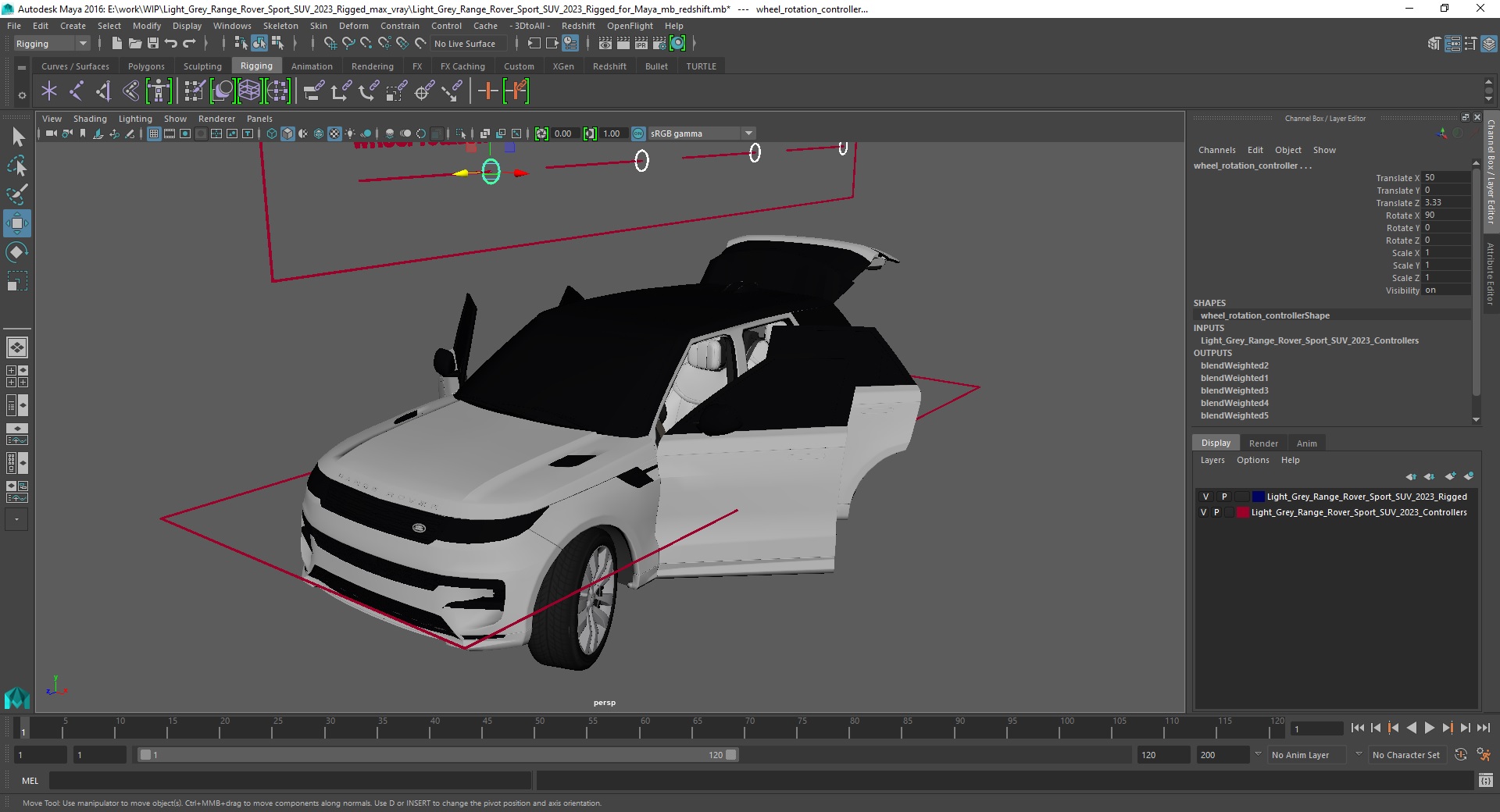 3D Light Grey Range Rover Sport SUV 2023 Rigged for Maya model