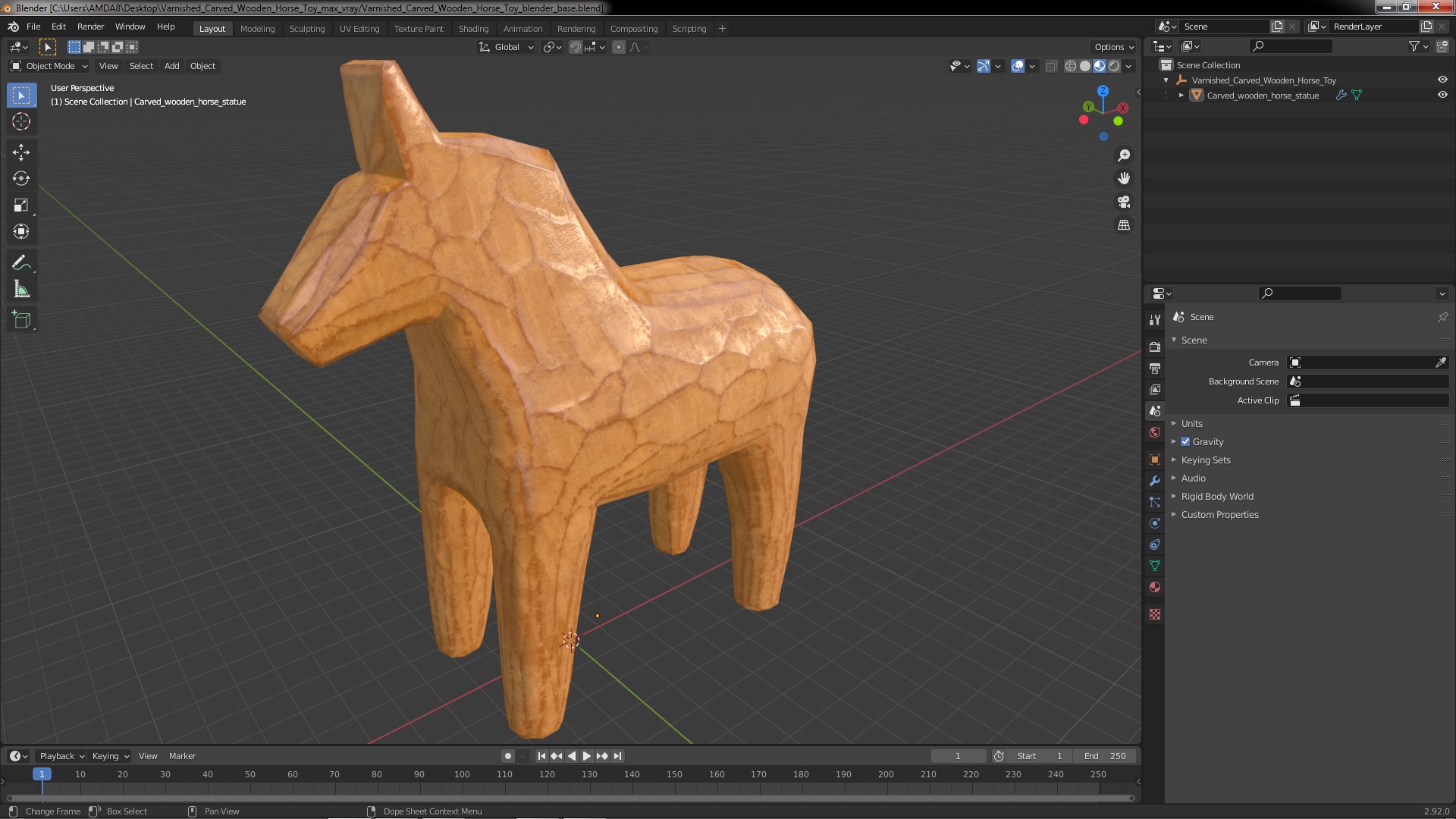 3D Varnished Carved Wooden Horse Toy model