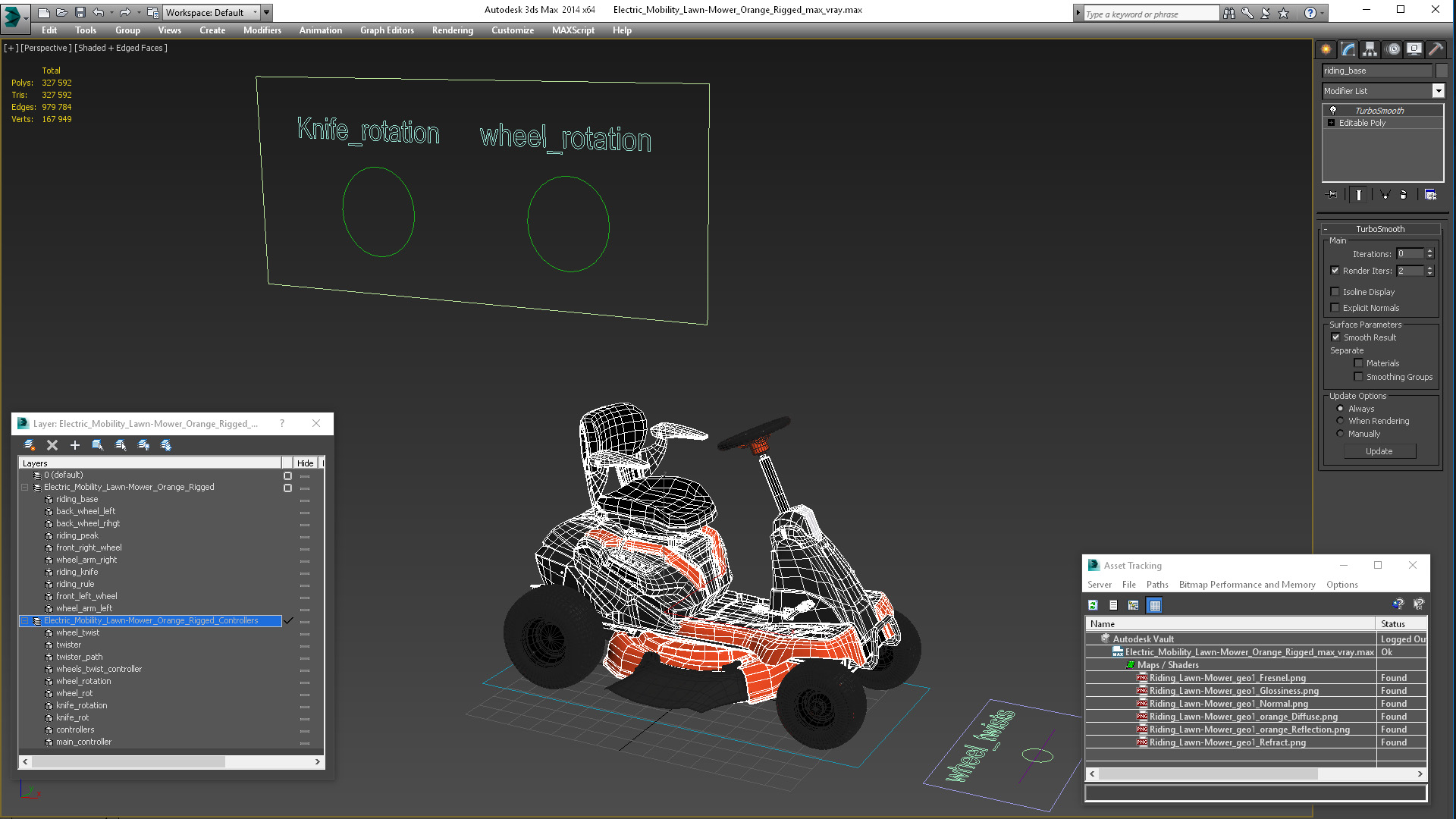 3D Electric Mobility Lawn-Mower Orange Rigged for Cinema 4D