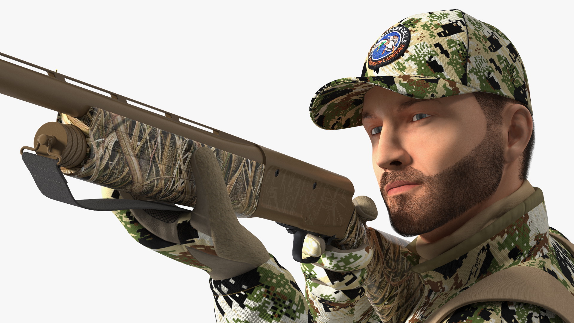 Shooting Hunter Man with Gun in Forest Camo Fur 3D