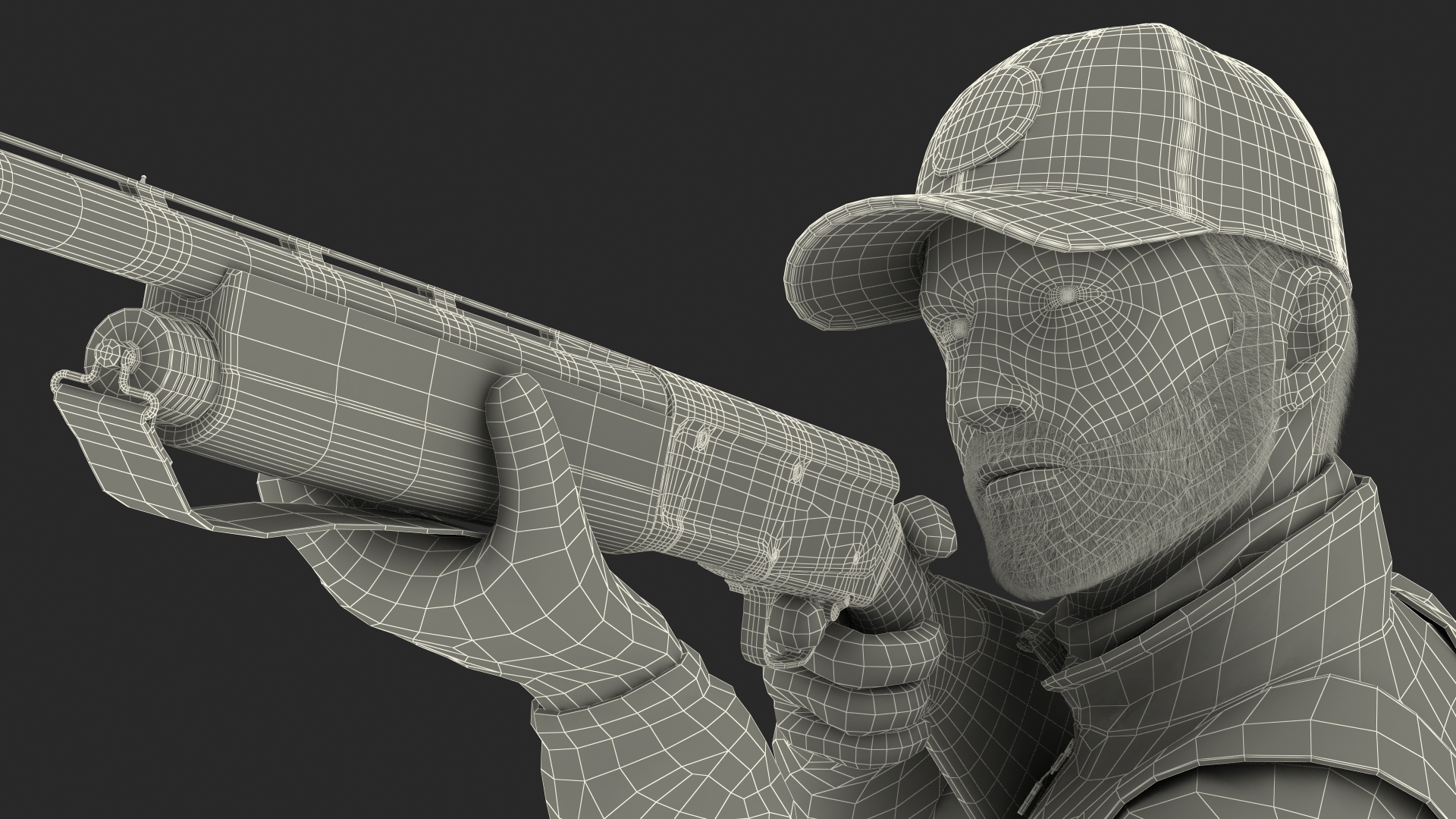 Shooting Hunter Man with Gun in Forest Camo Fur 3D
