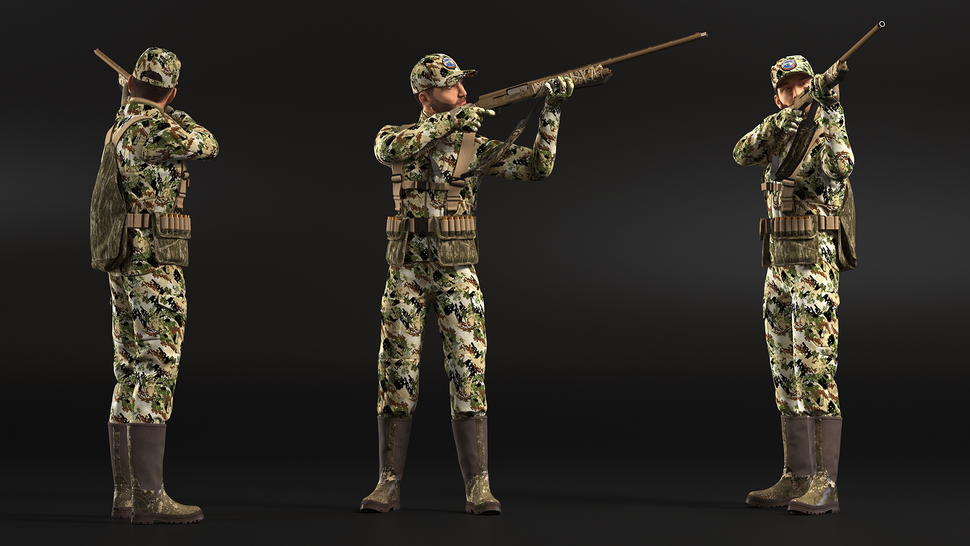 Shooting Hunter Man with Gun in Forest Camo Fur 3D