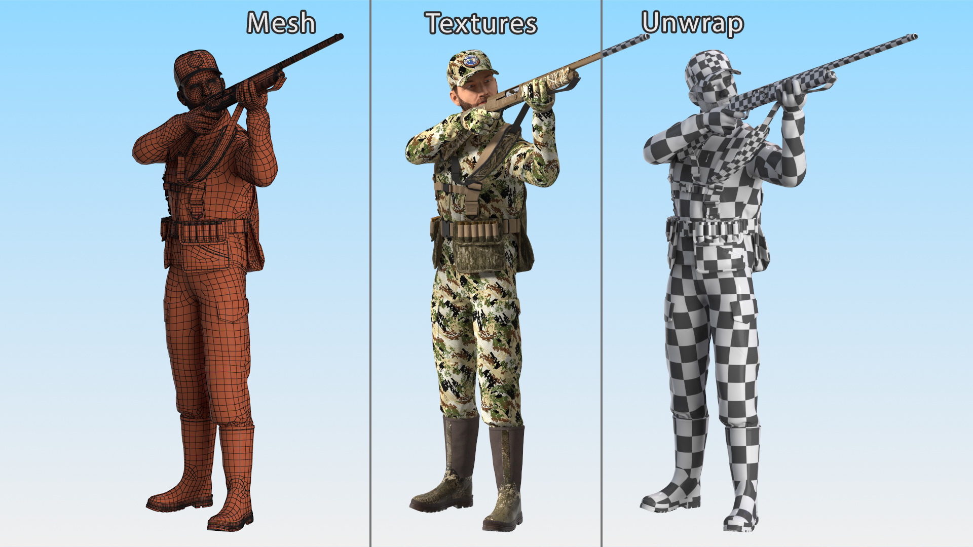 Shooting Hunter Man with Gun in Forest Camo Fur 3D