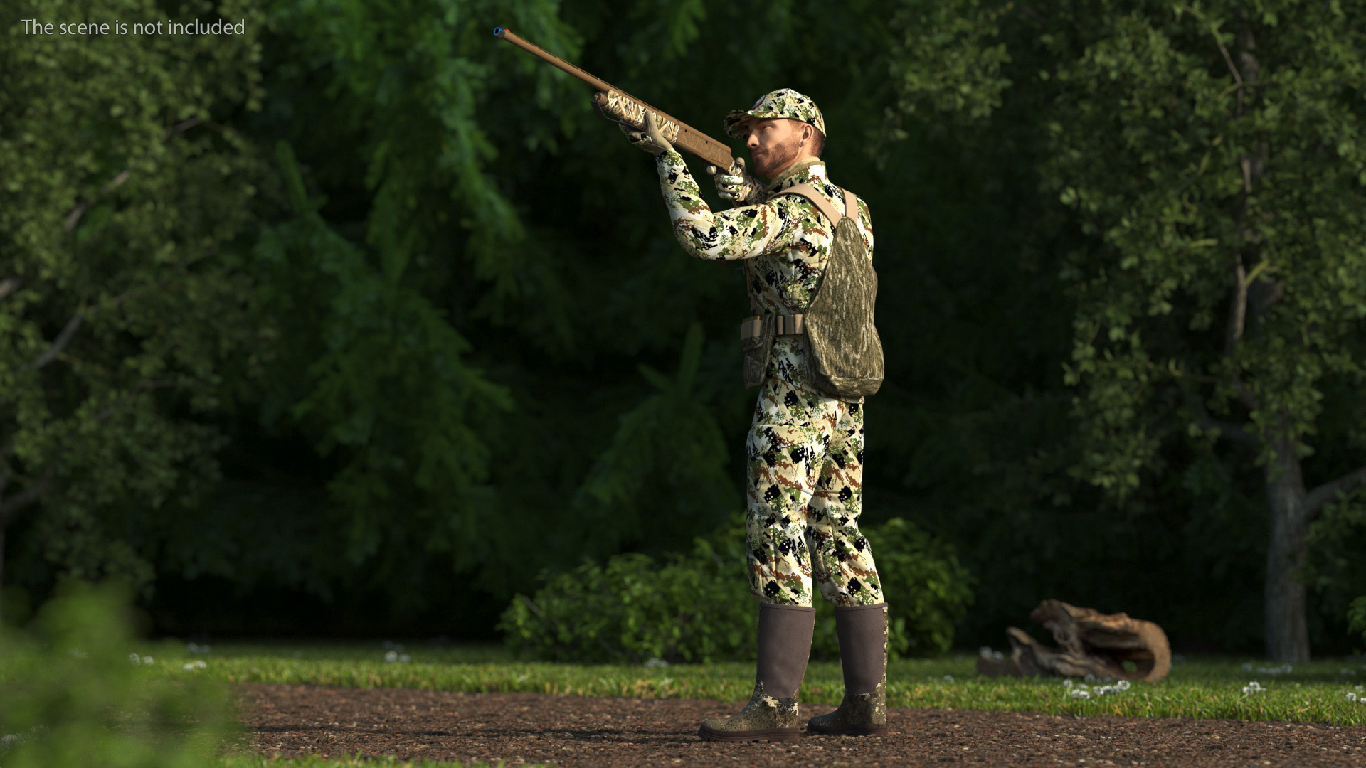 Shooting Hunter Man with Gun in Forest Camo Fur 3D