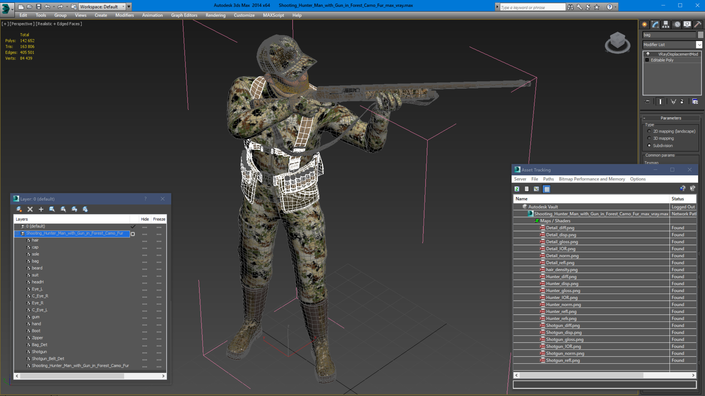 Shooting Hunter Man with Gun in Forest Camo Fur 3D