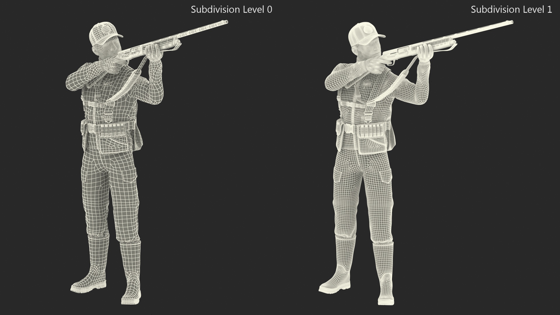 Shooting Hunter Man with Gun in Forest Camo Fur 3D