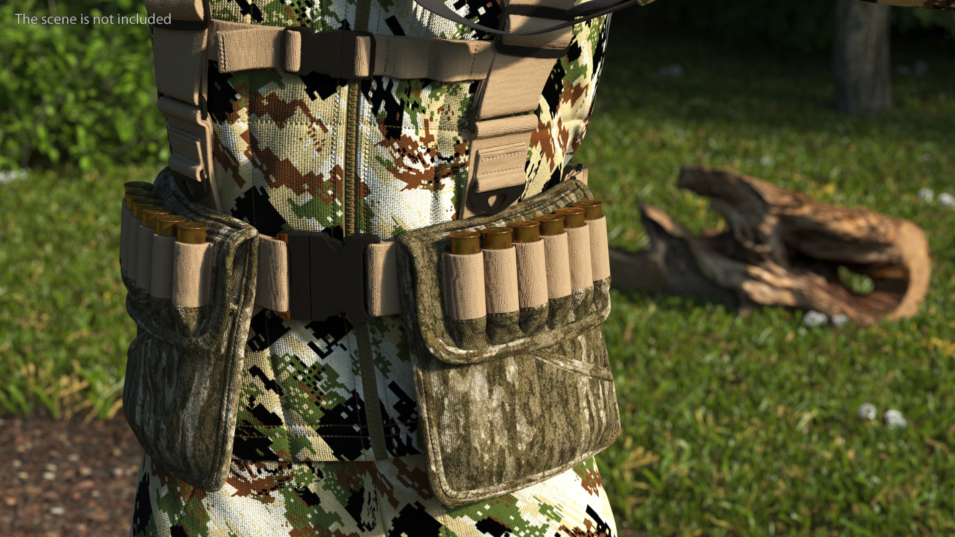 Shooting Hunter Man with Gun in Forest Camo Fur 3D