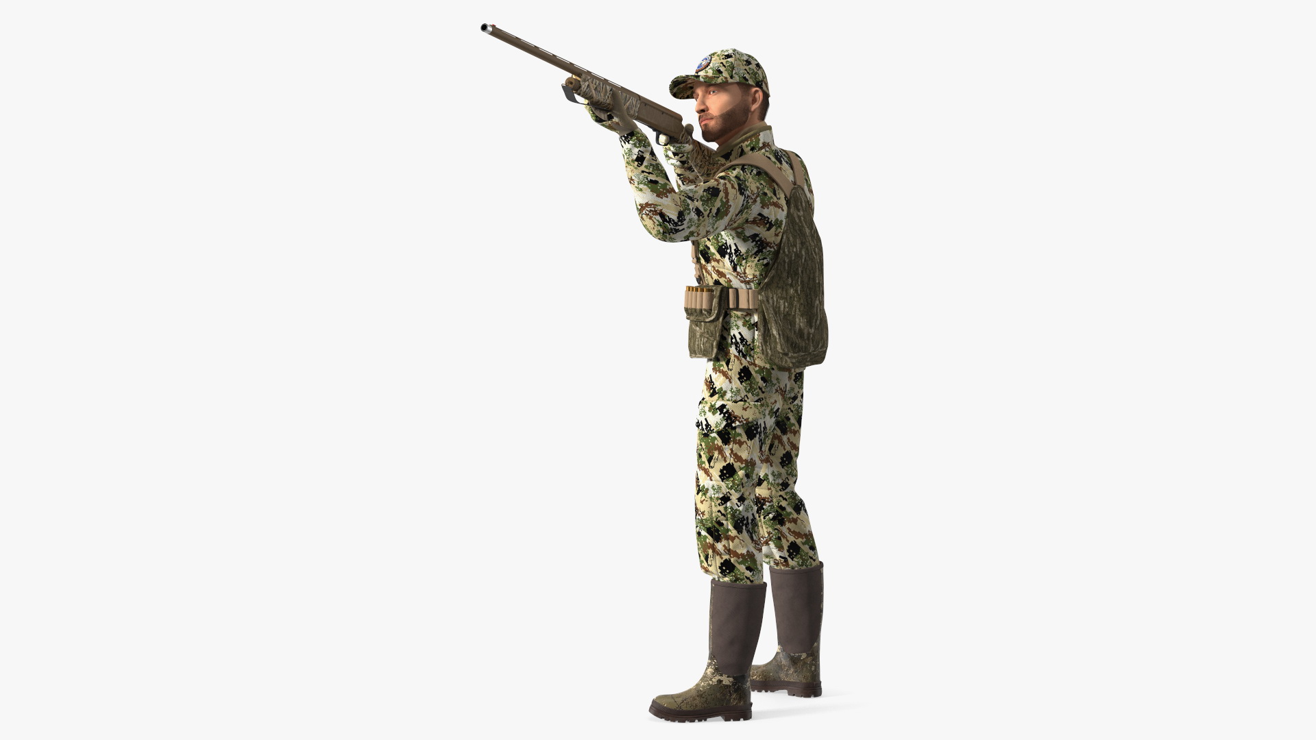 Shooting Hunter Man with Gun in Forest Camo Fur 3D