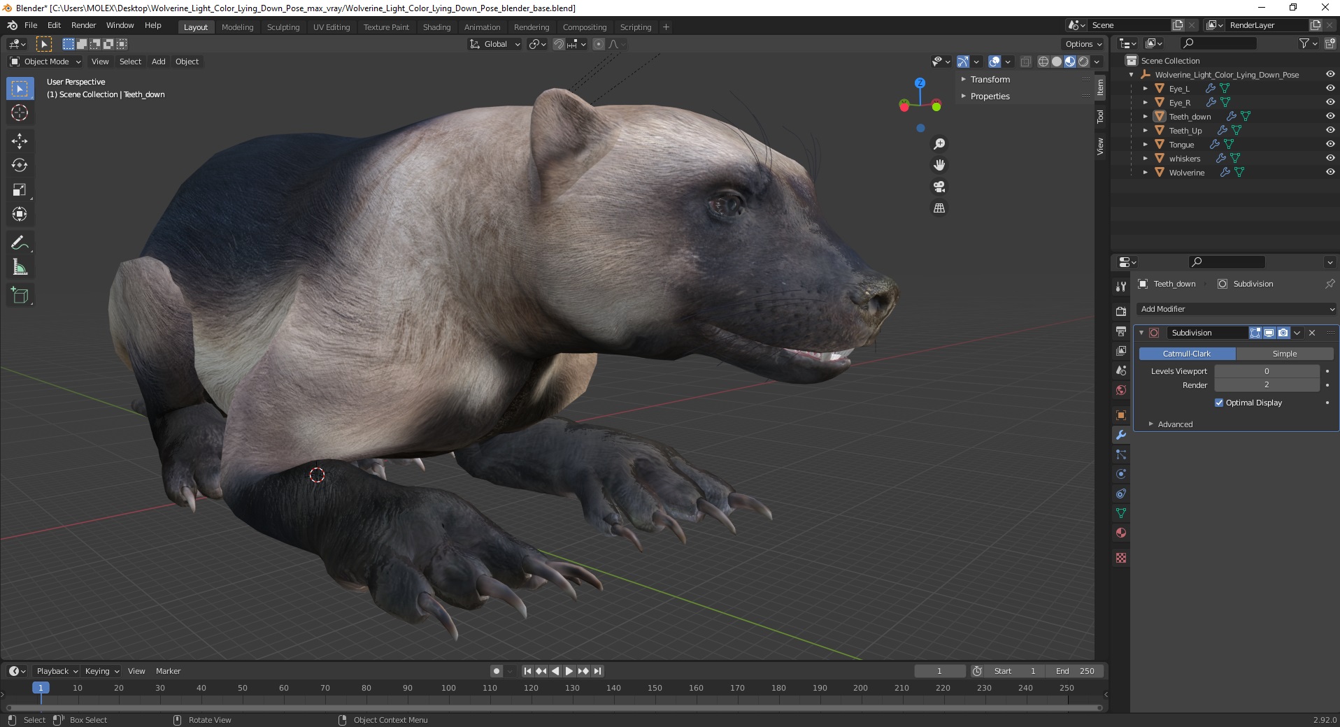 Wolverine Light Color Lying Down Pose 3D