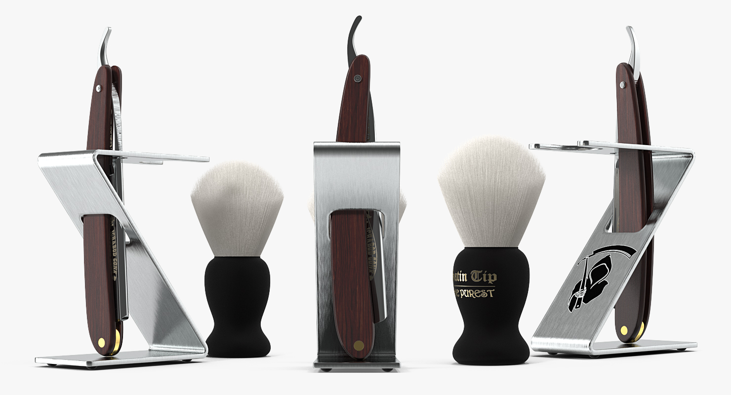 Folding Razor Badger Shaving Brush Wooden Set Fur 3D model