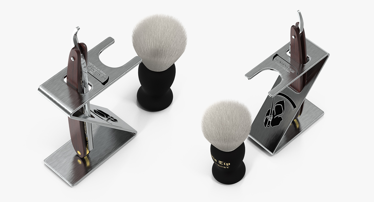 Folding Razor Badger Shaving Brush Wooden Set Fur 3D model