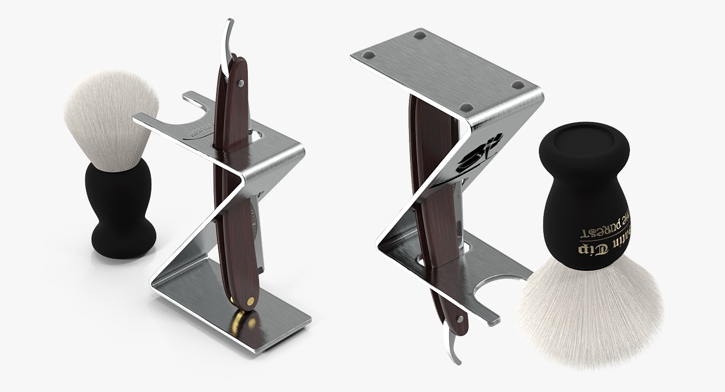 Folding Razor Badger Shaving Brush Wooden Set Fur 3D model