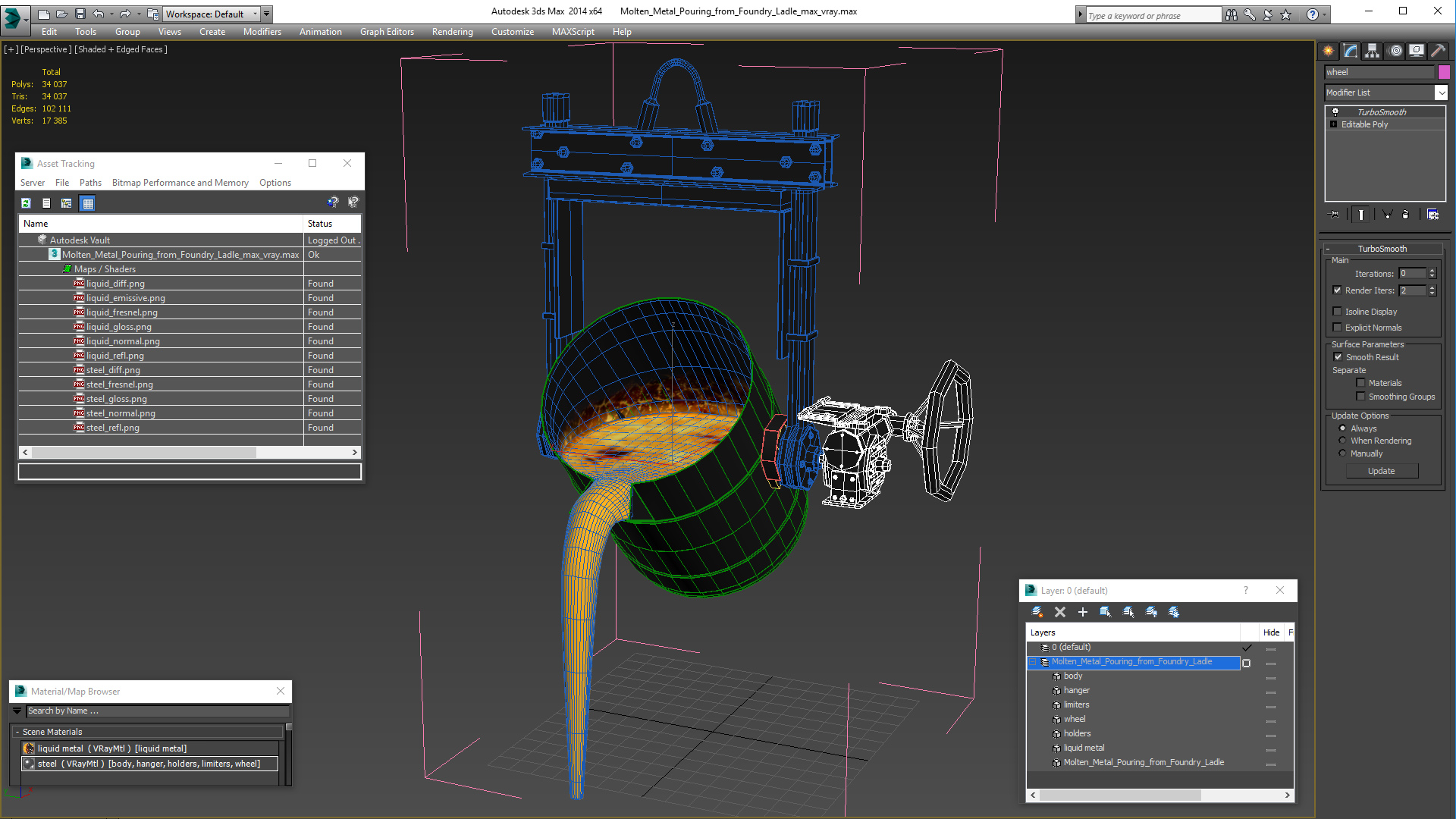 Molten Metal Pouring from Foundry Ladle 3D model
