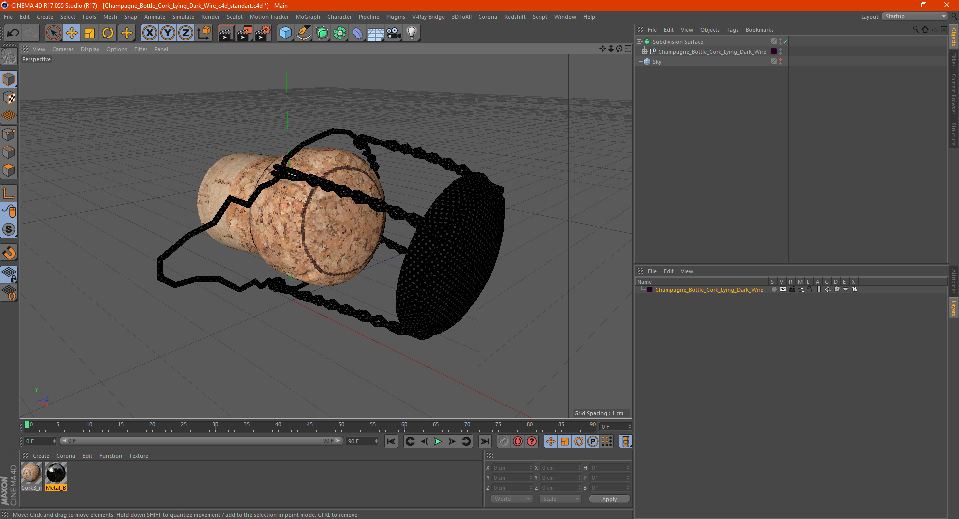 Champagne Bottle Cork Lying Dark Wire 3D