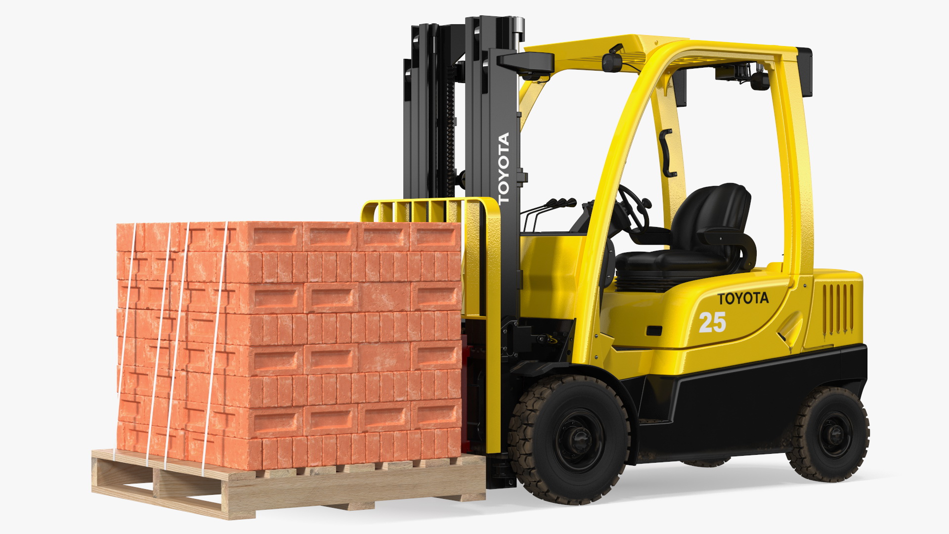 3D Forklift Toyota with Red Bricks Stacked on Wooden Pallet Rigged model