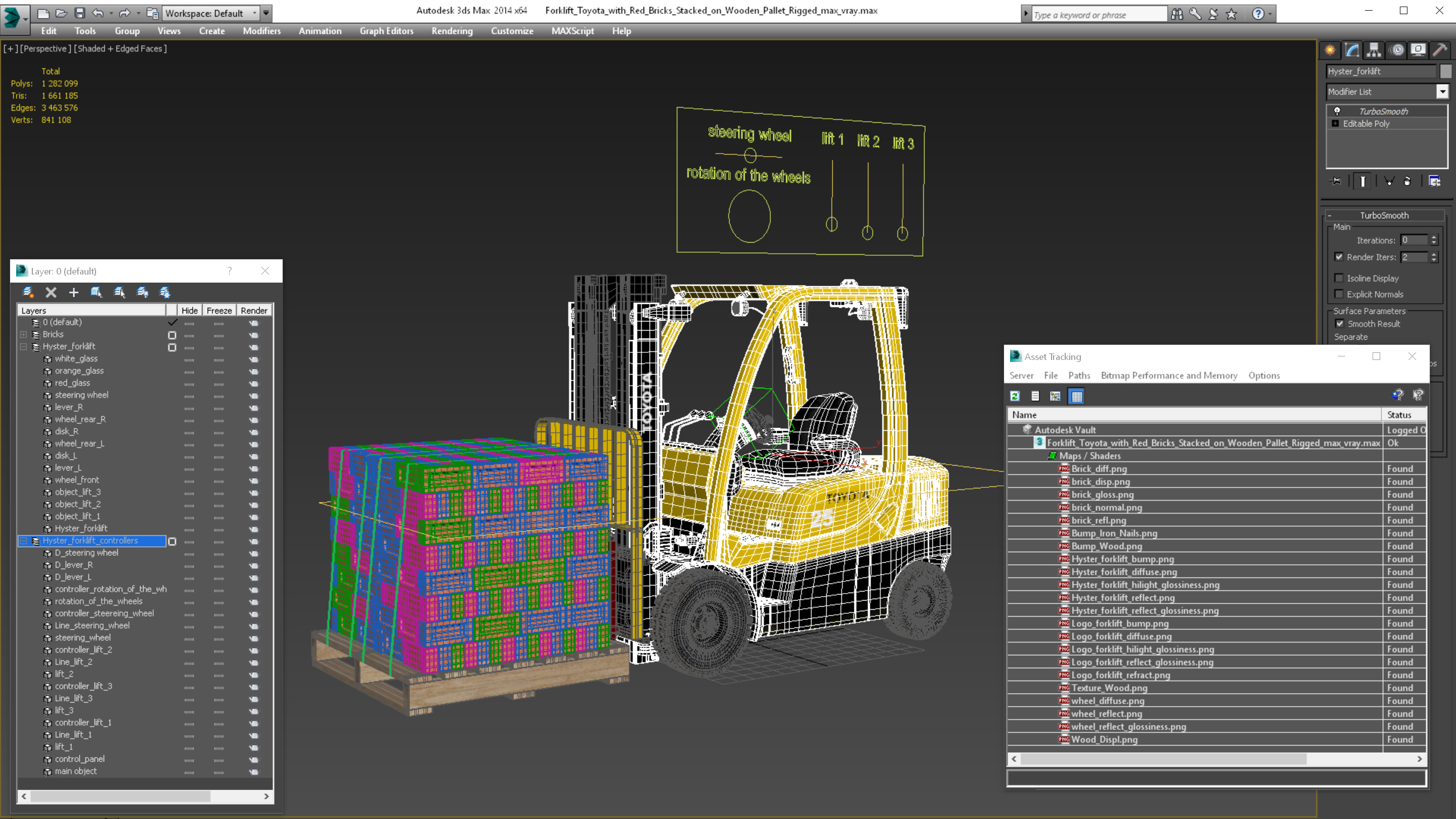3D Forklift Toyota with Red Bricks Stacked on Wooden Pallet Rigged model