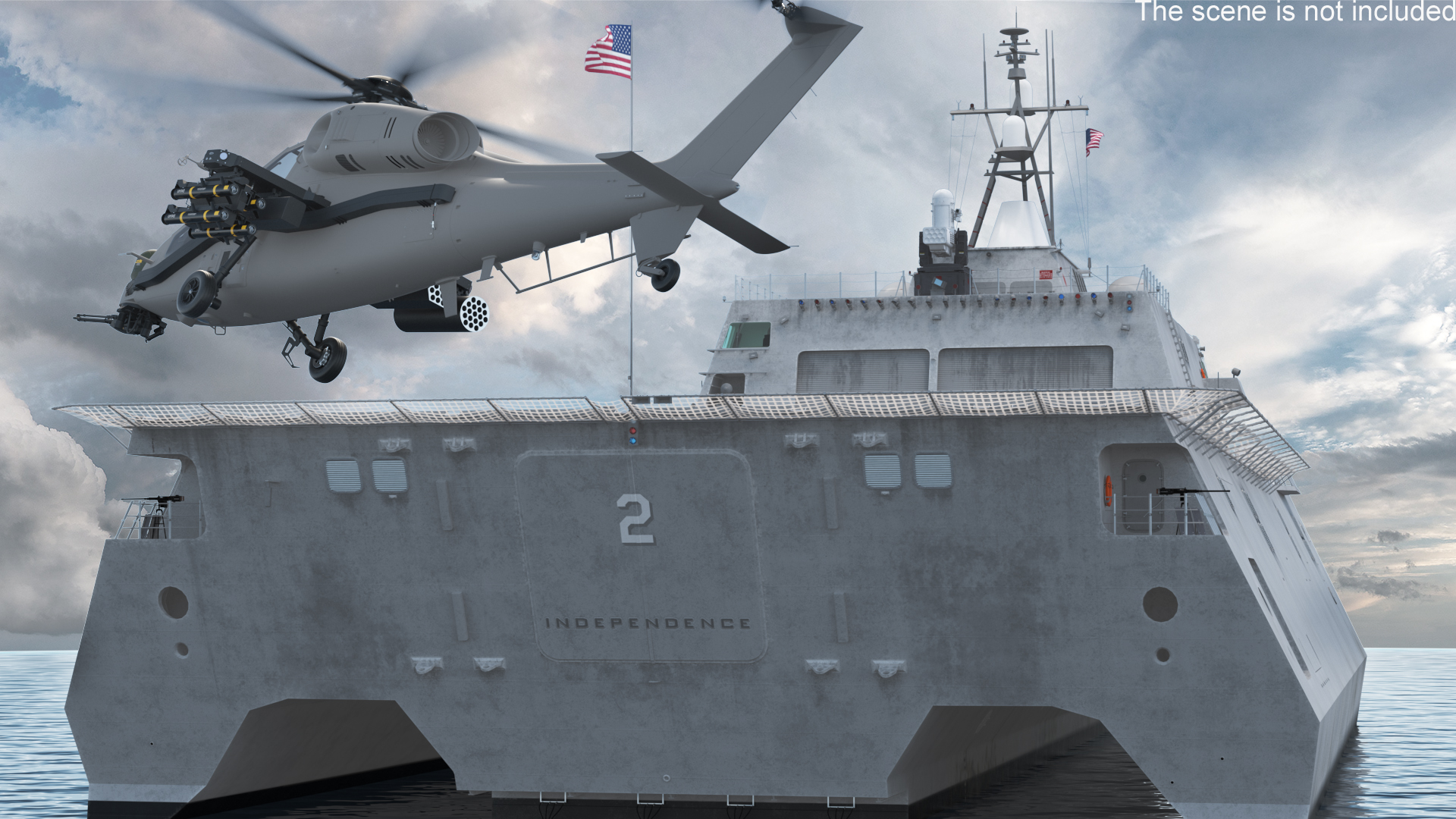 USS Independence LCS 2 with Combat Helicopter Rigged 3D