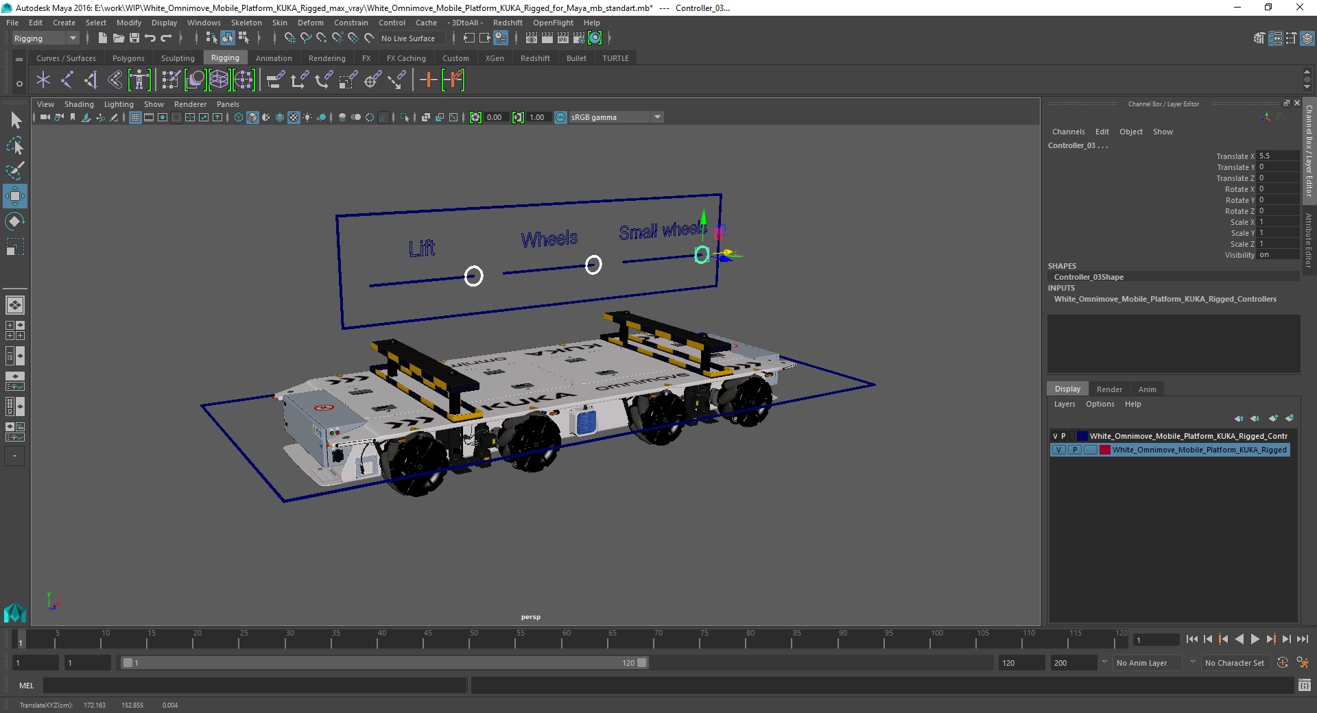 3D White Omnimove Mobile Platform KUKA Rigged for Maya