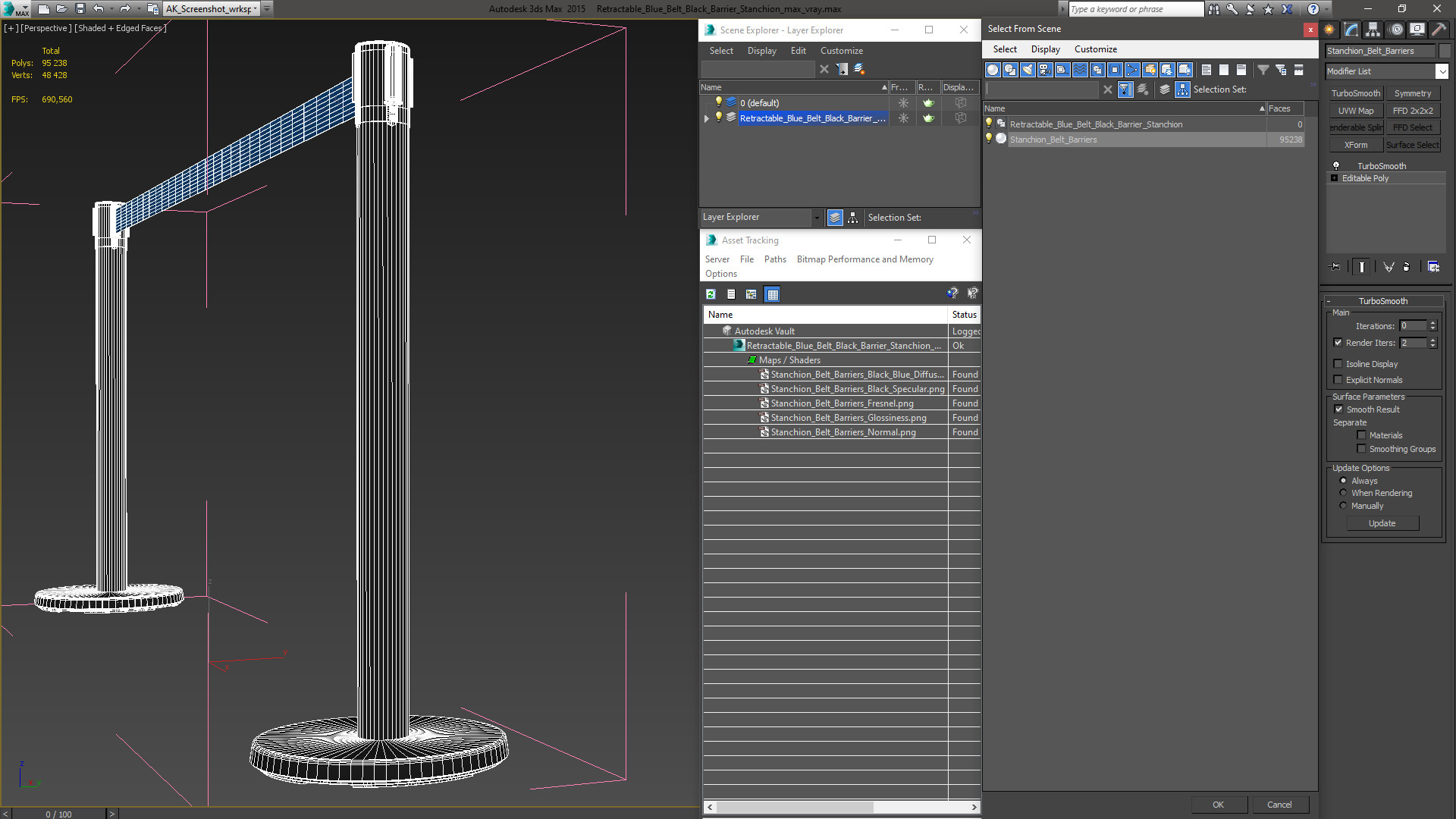 3D model Retractable Blue Belt Black Barrier Stanchion
