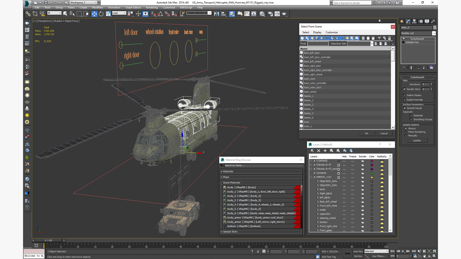 3D US Army Transport Helicopter With Humvee M1151 Rigged model