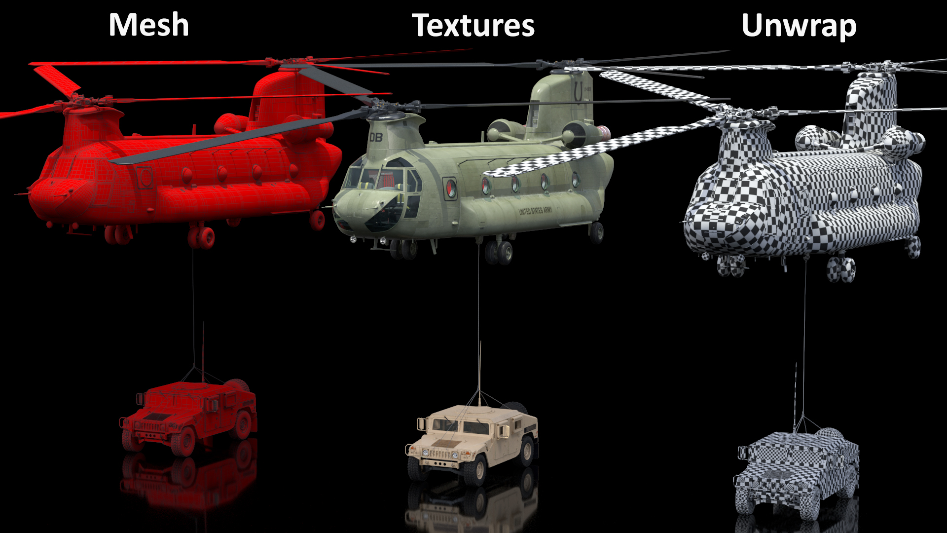 3D US Army Transport Helicopter With Humvee M1151 Rigged model