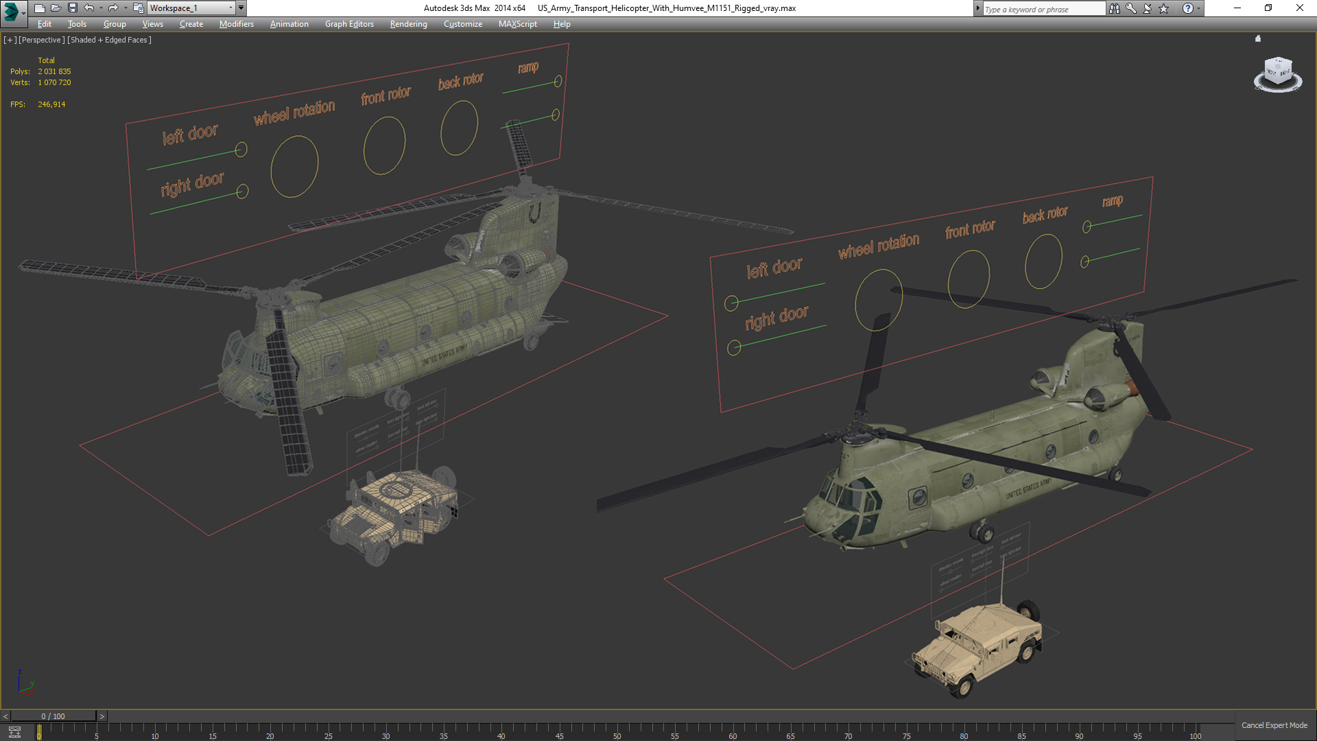 3D US Army Transport Helicopter With Humvee M1151 Rigged model
