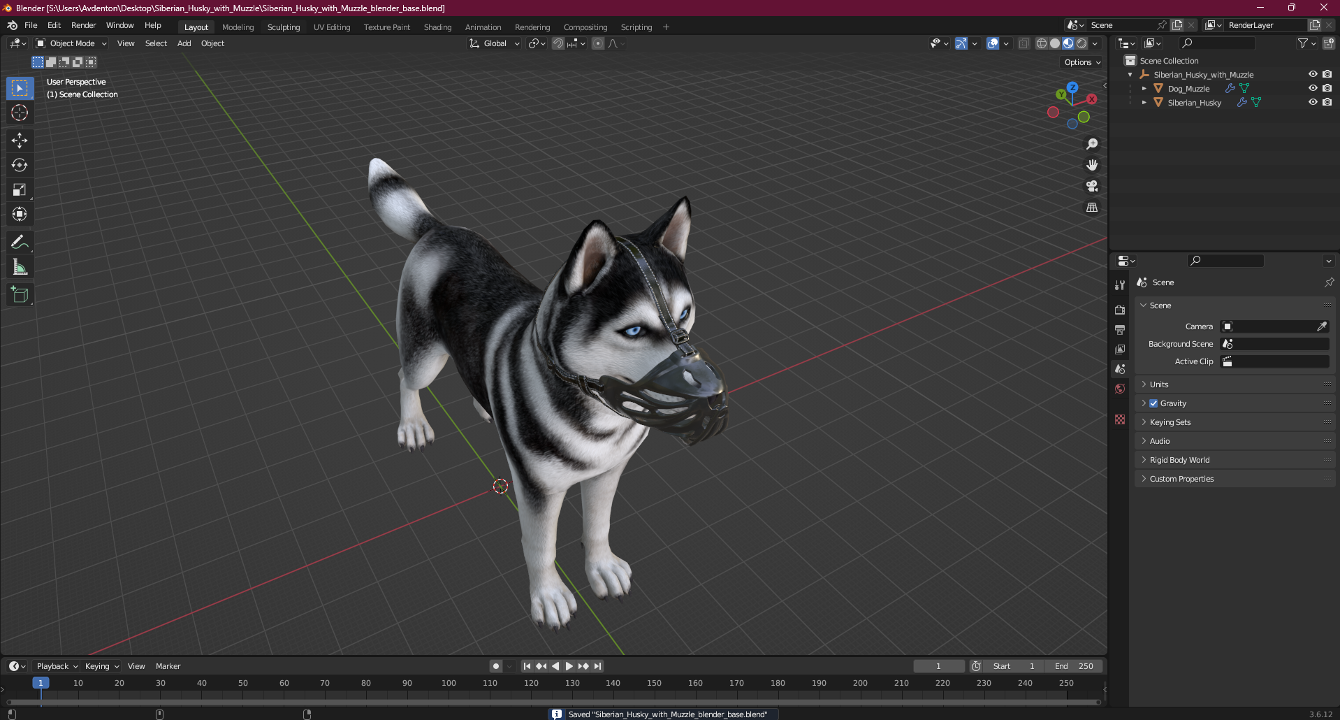 3D Siberian Husky with Muzzle