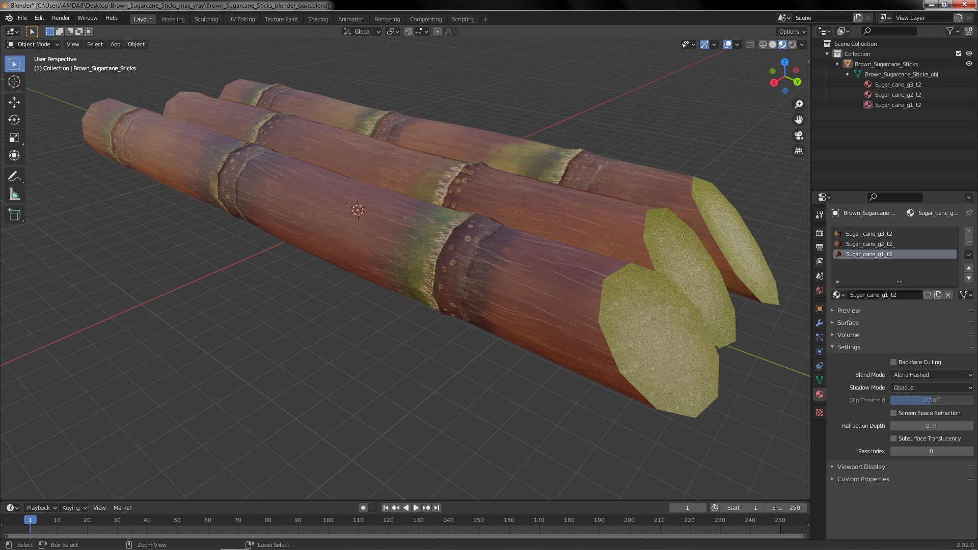 Brown Sugarcane Sticks 3D