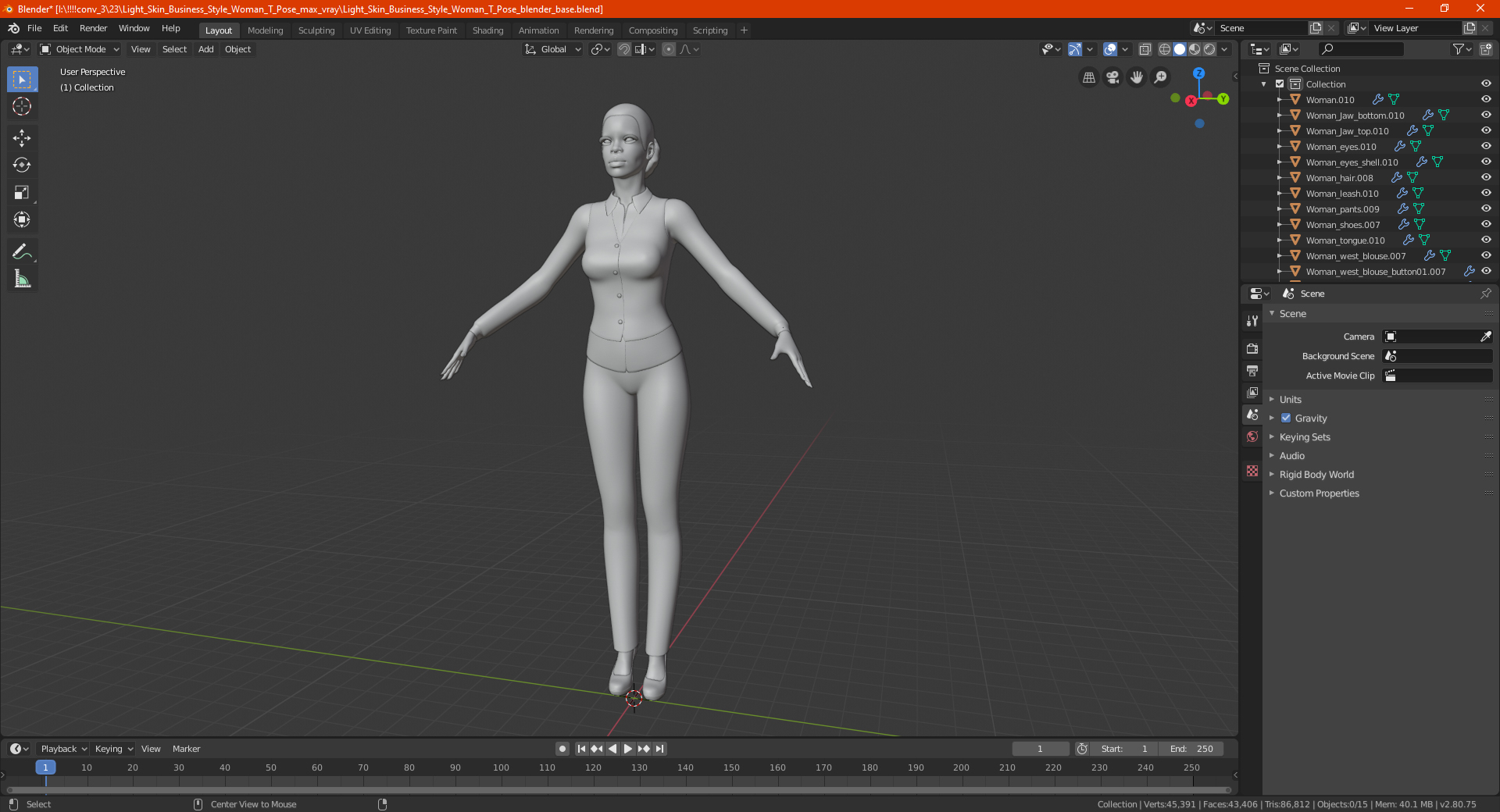 3D Light Skin Business Style Woman T Pose model