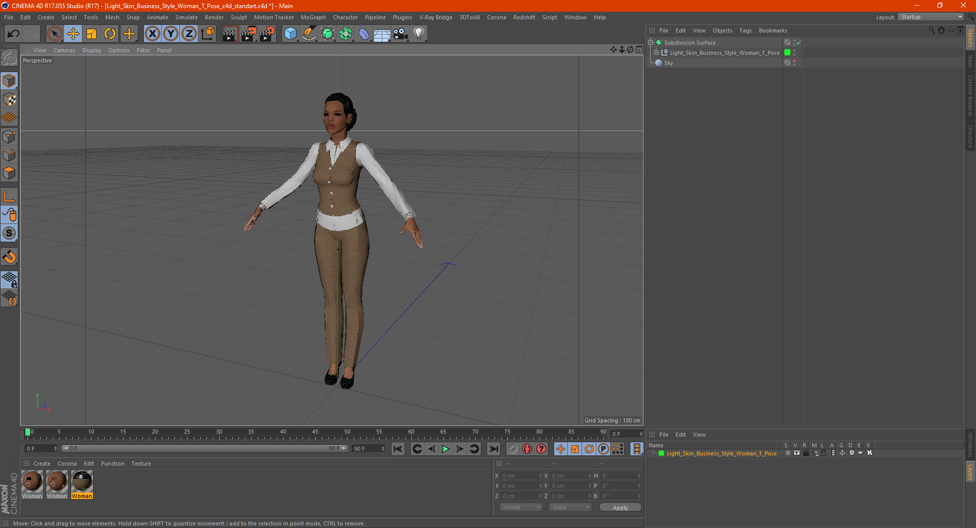 3D Light Skin Business Style Woman T Pose model