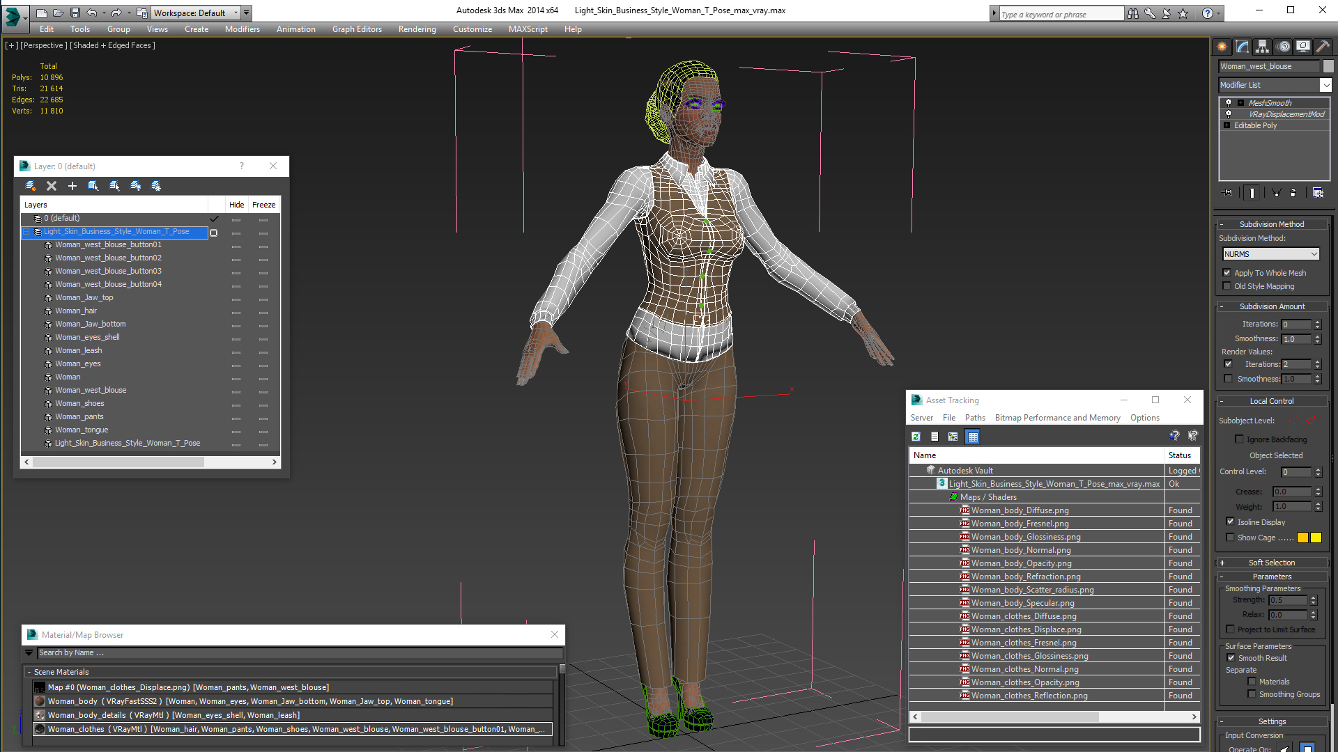 3D Light Skin Business Style Woman T Pose model