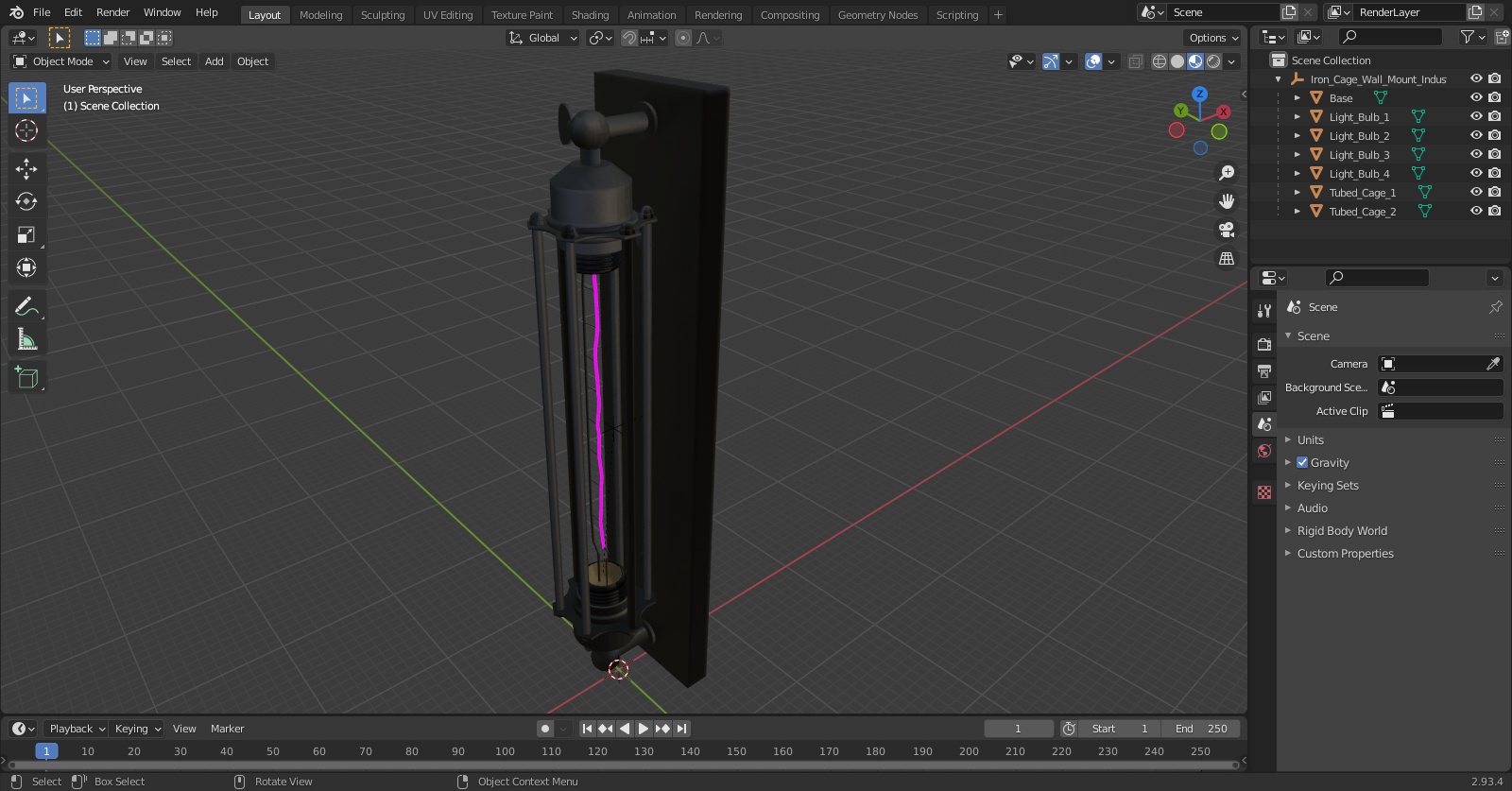 Iron Cage Wall Mount Industrial Tube Bulb ON 3D model