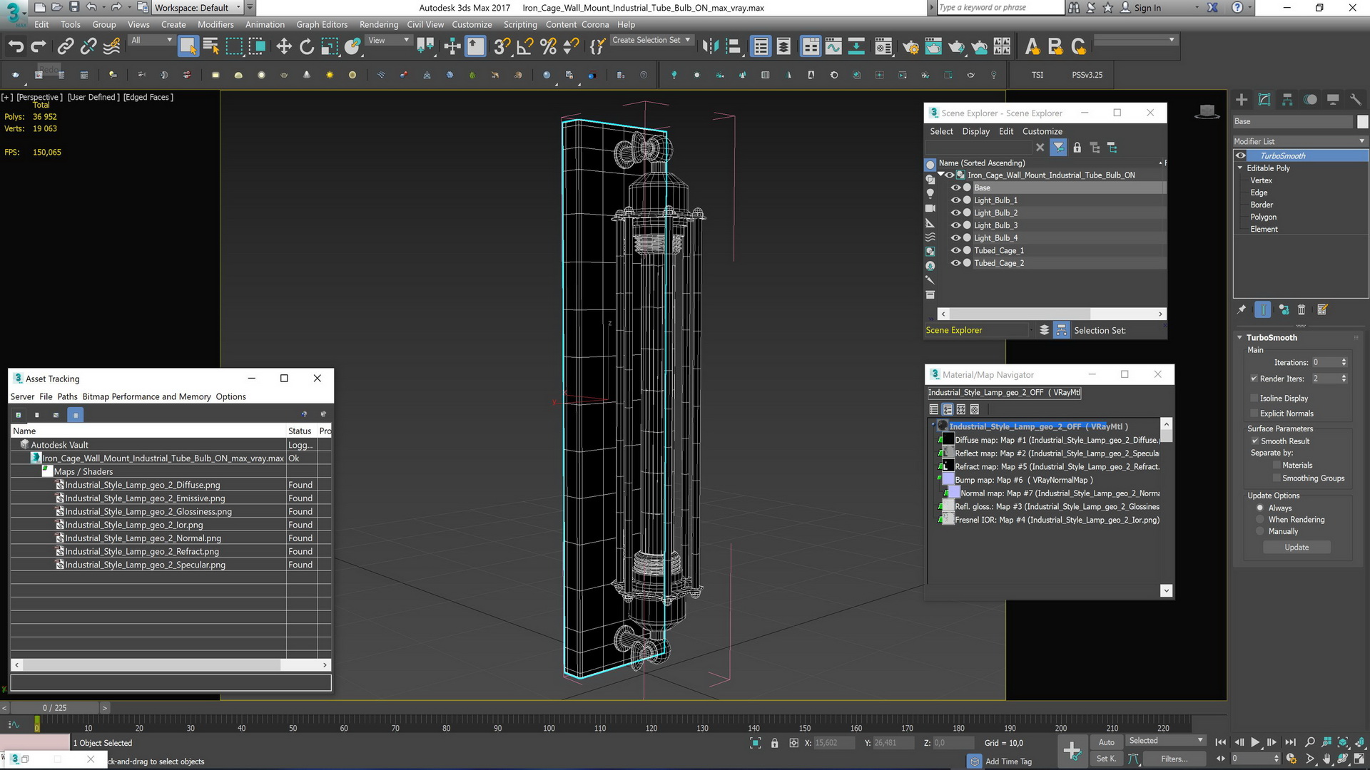 Iron Cage Wall Mount Industrial Tube Bulb ON 3D model