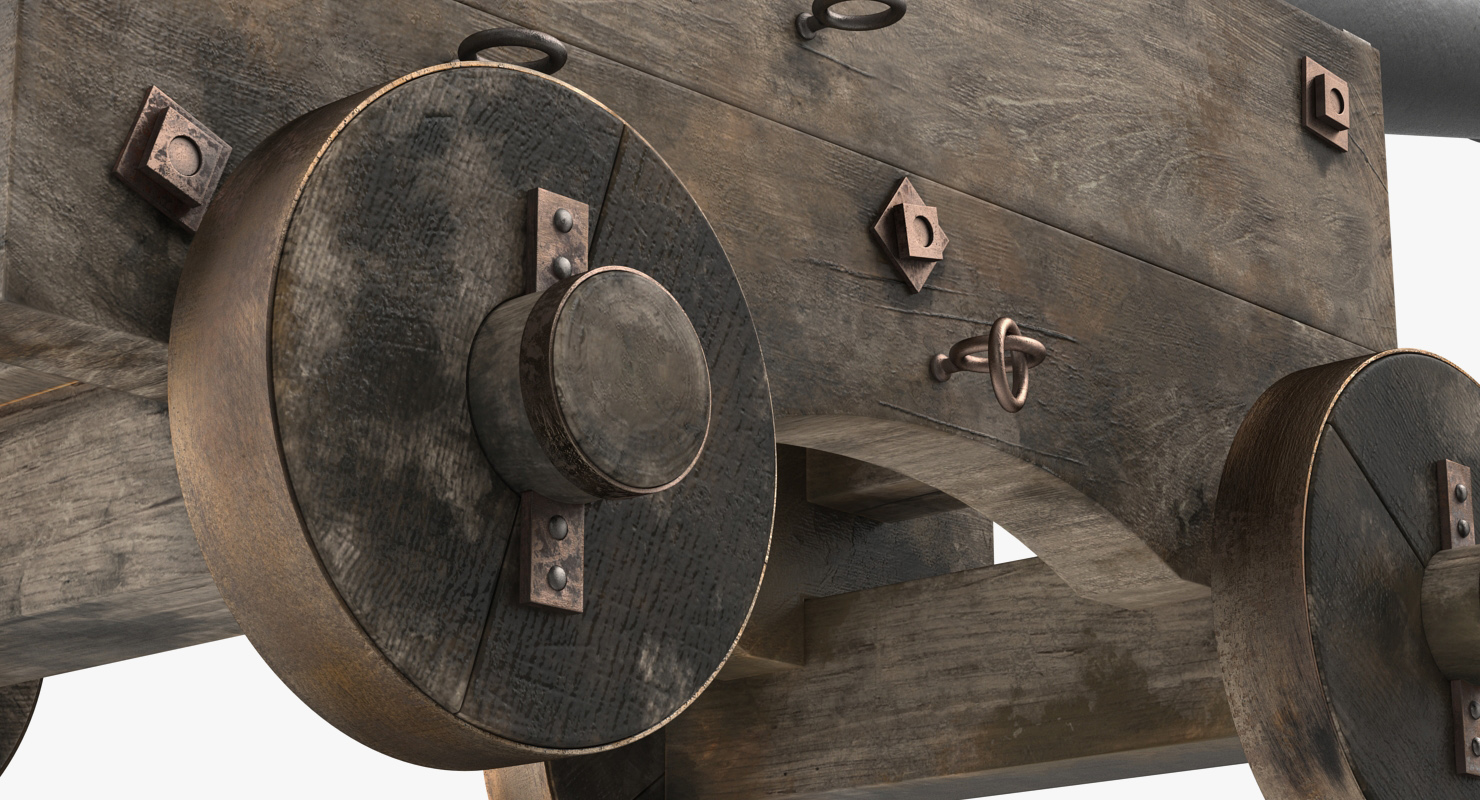 3D Old Ship Cannon with Wooden Carriage