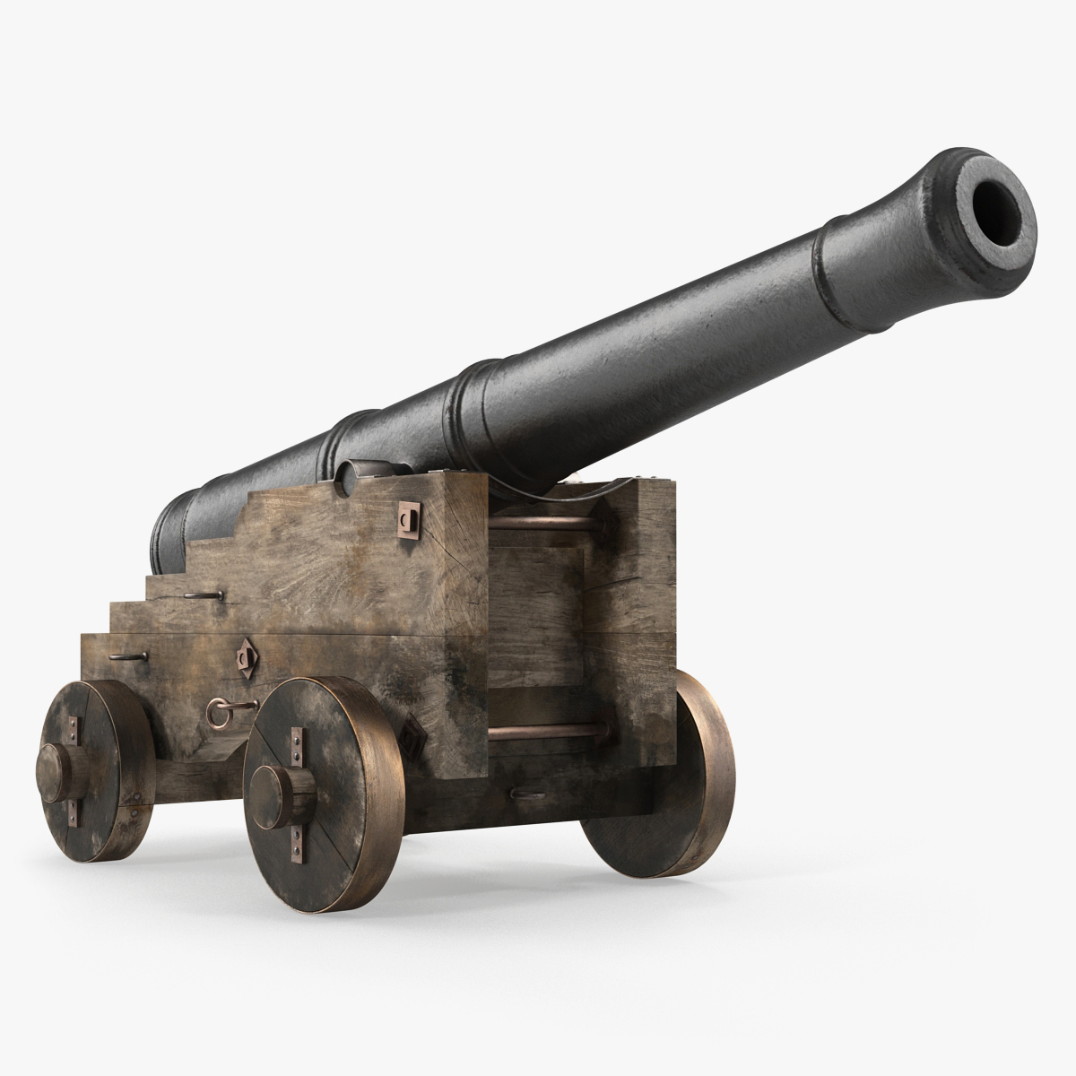Old Ship Cannon with Wooden Carriage 3D Model