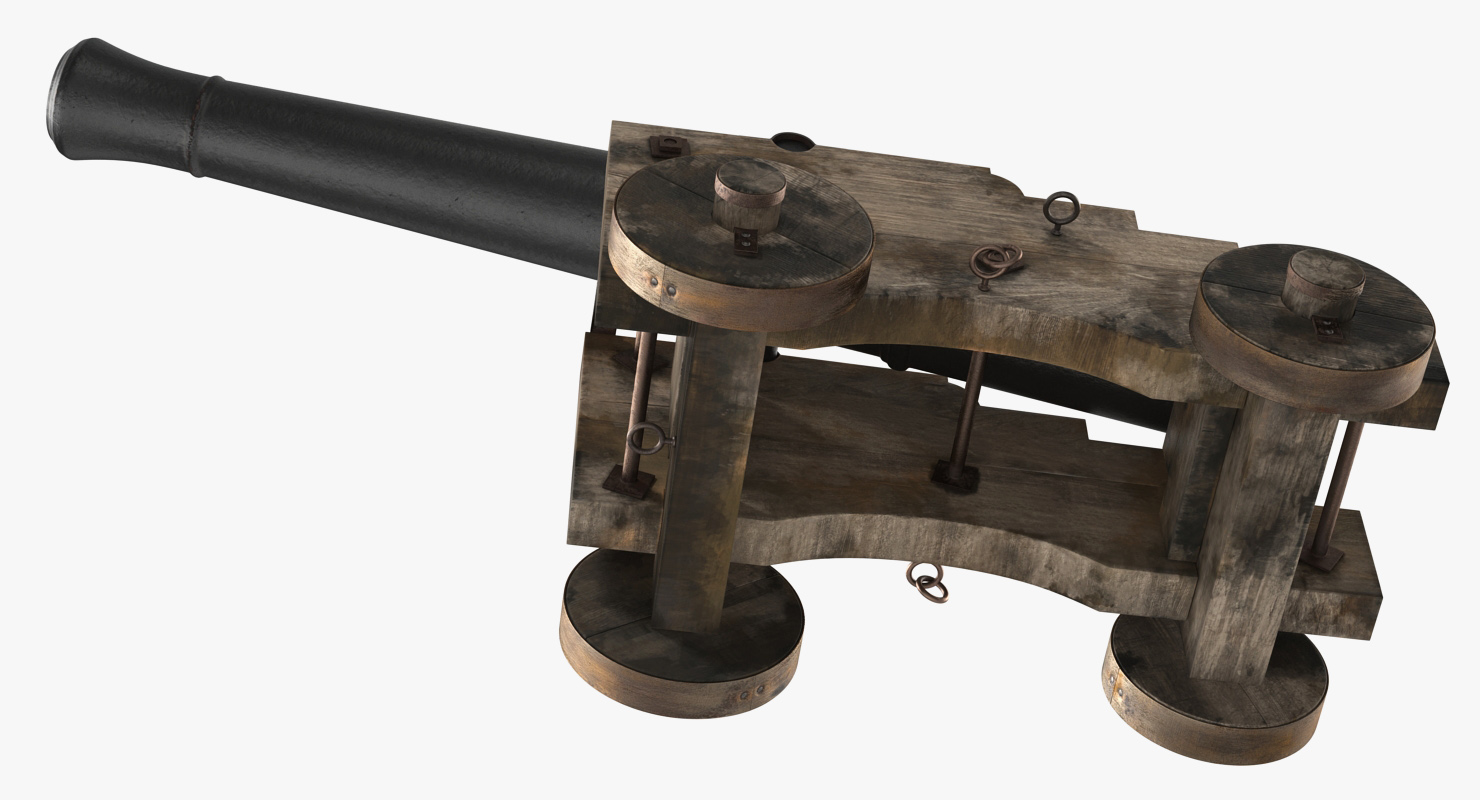 3D Old Ship Cannon with Wooden Carriage