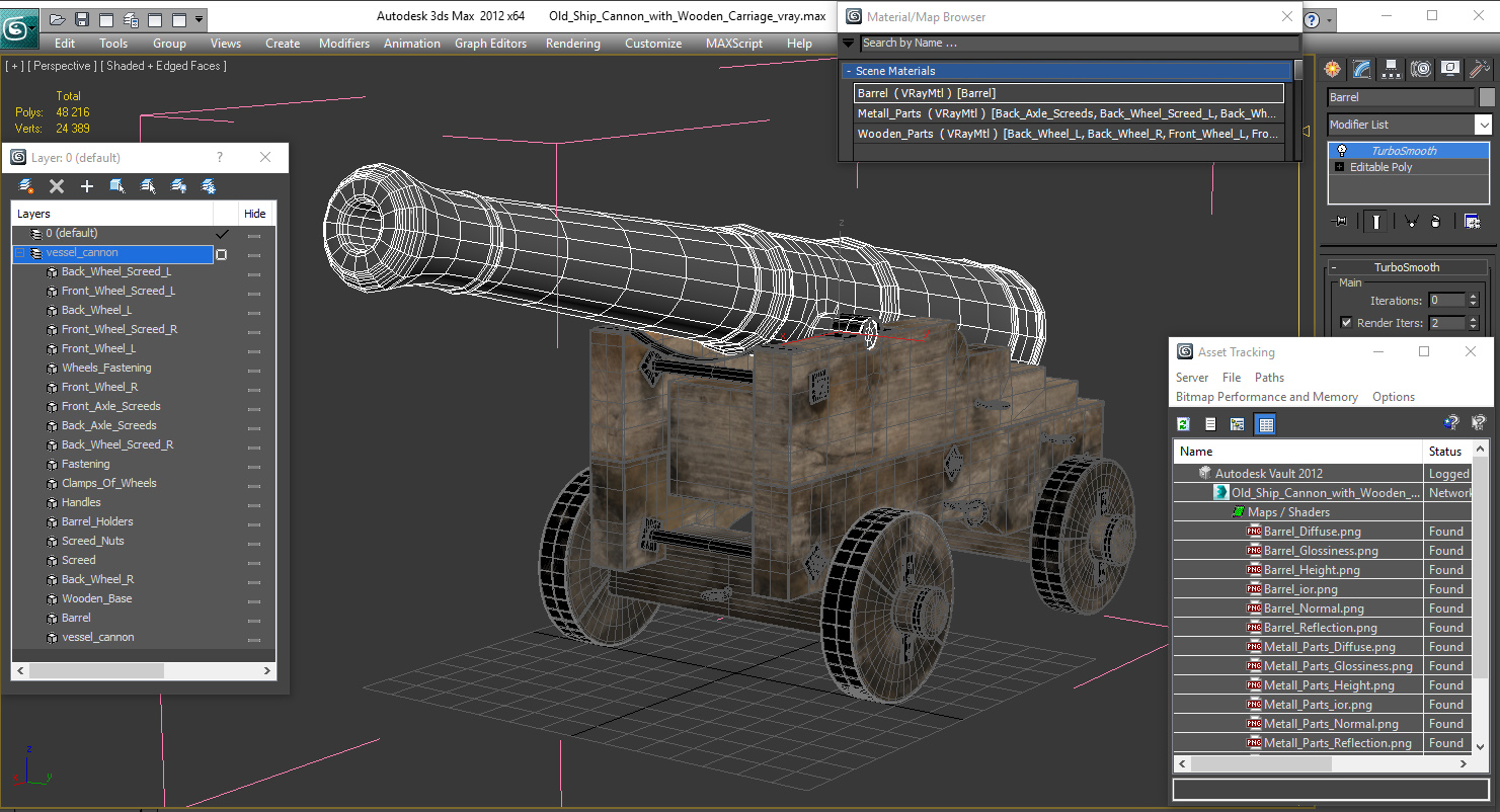 3D Old Ship Cannon with Wooden Carriage