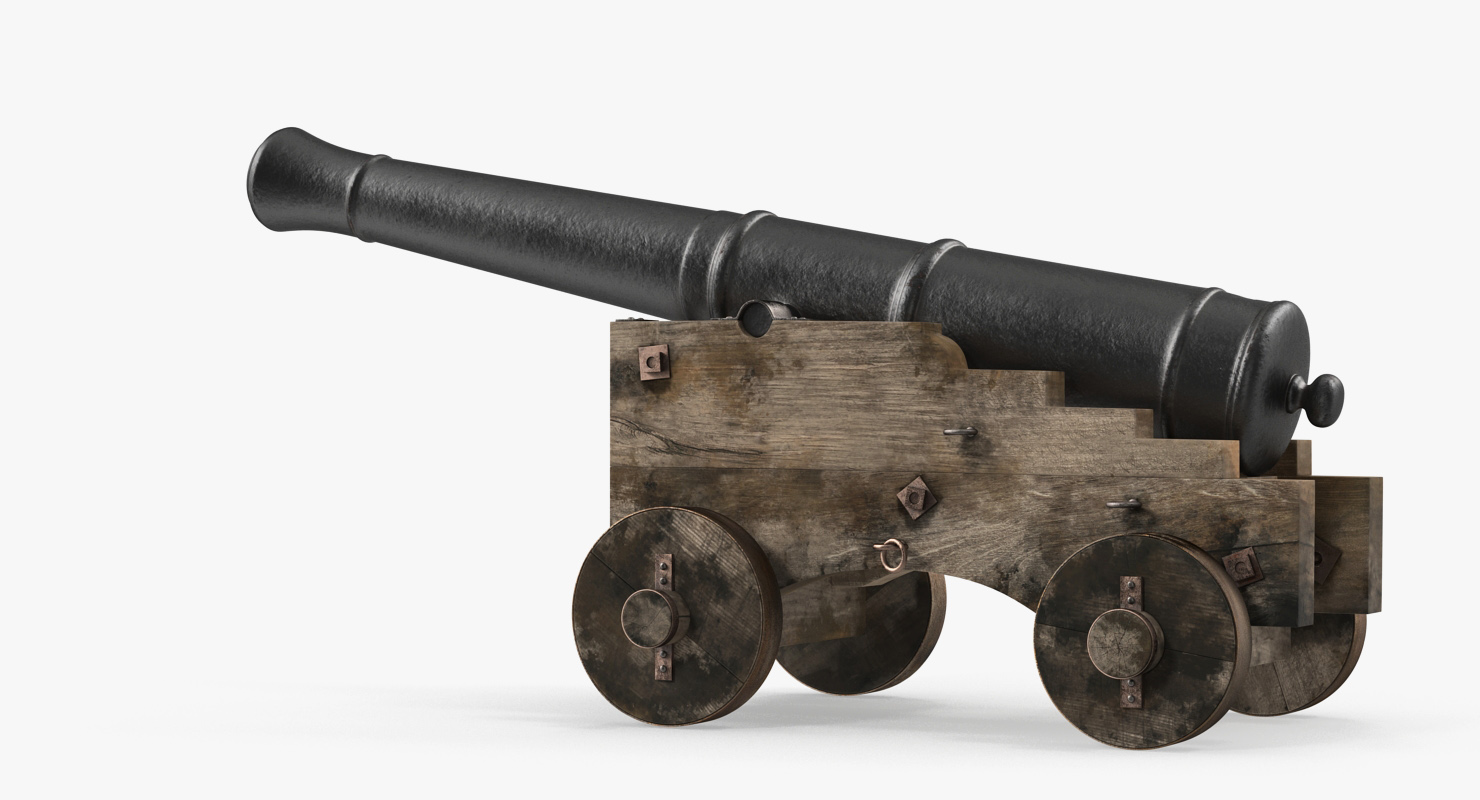 3D Old Ship Cannon with Wooden Carriage