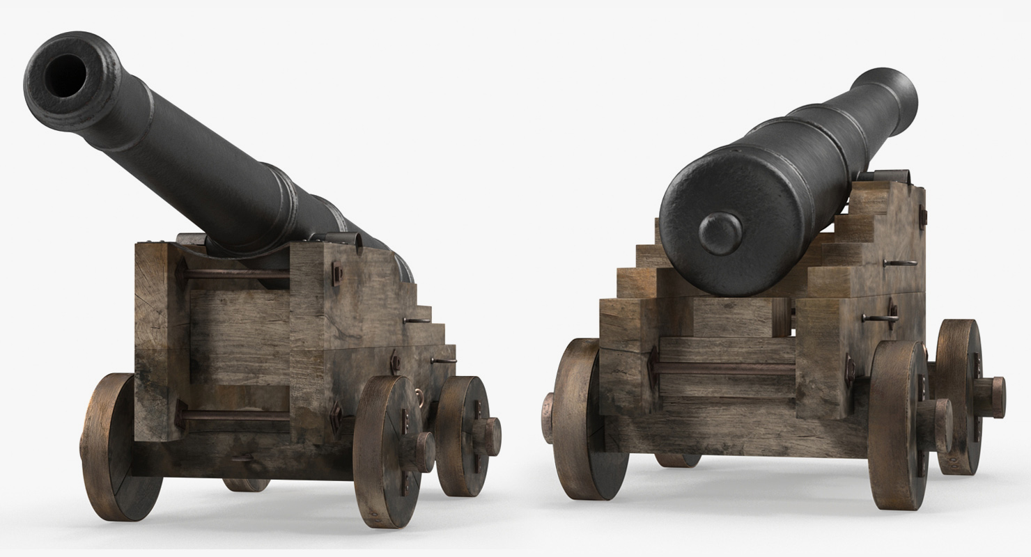 3D Old Ship Cannon with Wooden Carriage