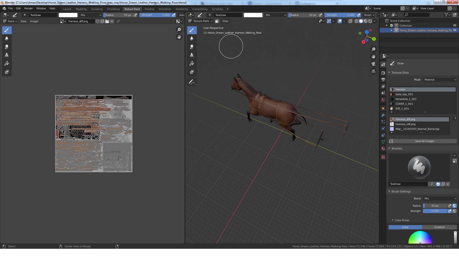 3D model Horse Drawn Leather Harness Walking Pose
