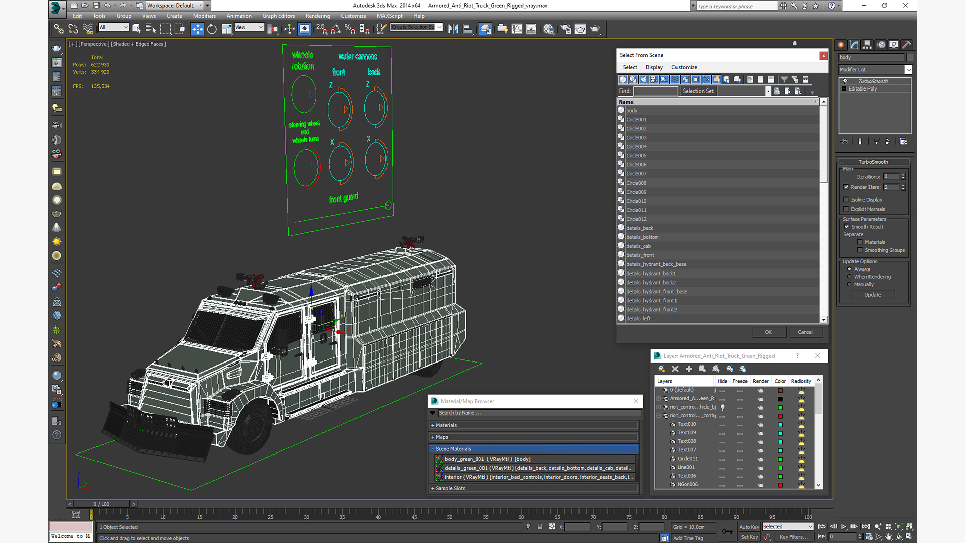 3D Armored Anti Riot Truck Green Rigged