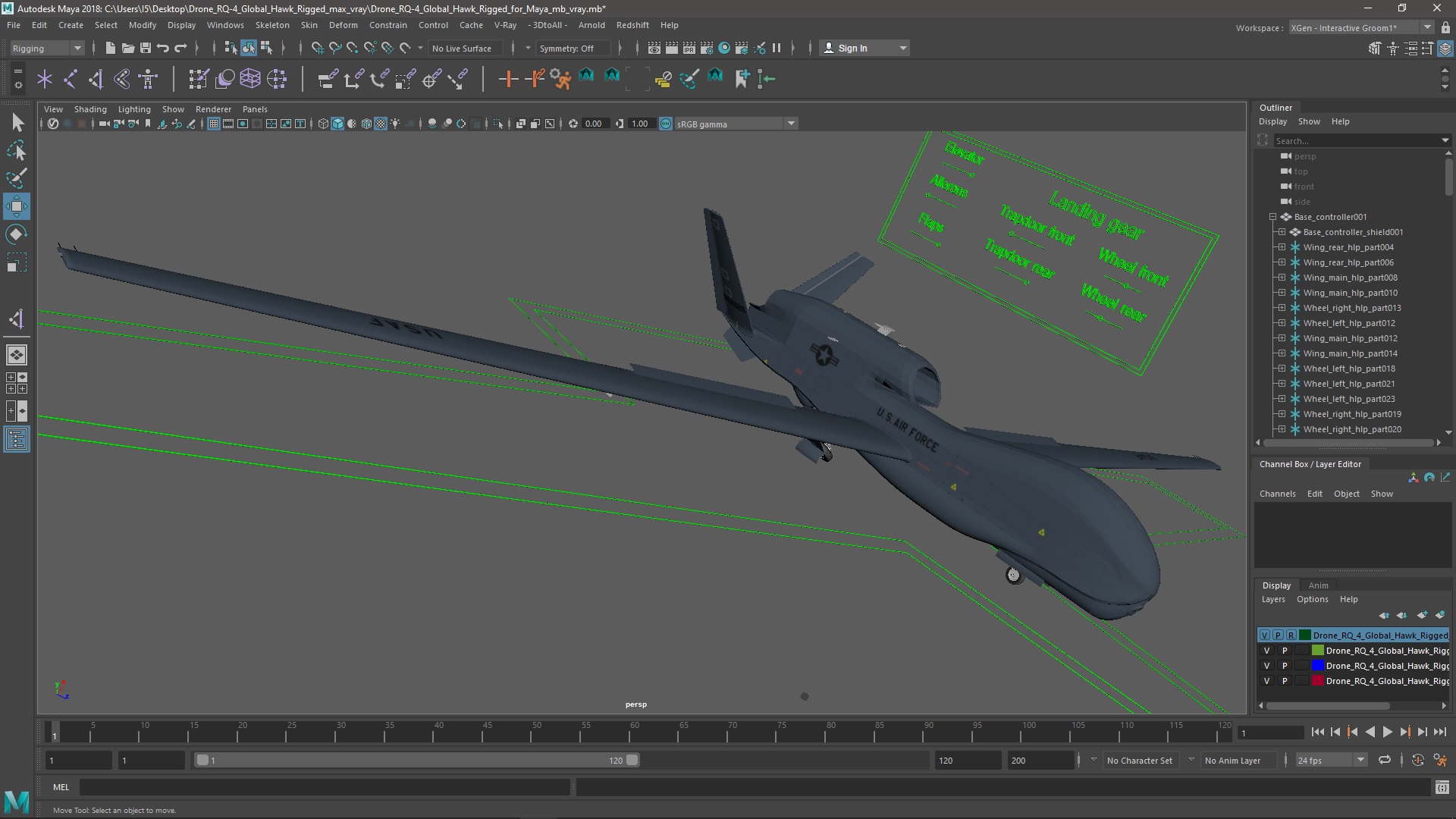 3D Drone RQ-4 Global Hawk Rigged for Maya model