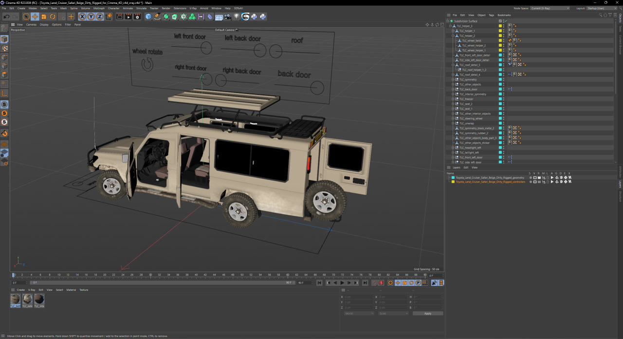 Toyota Land Cruiser Safari Beige Dirty Rigged for Cinema 4D 3D model