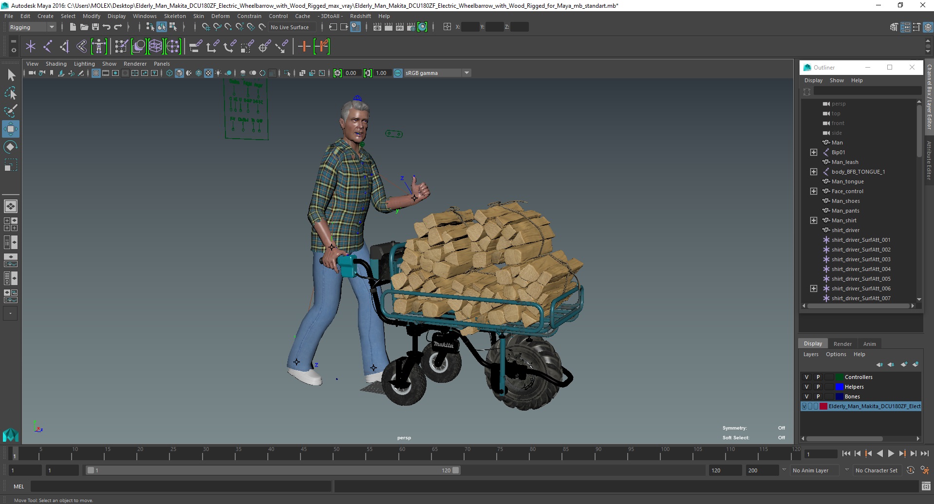 3D model Elderly Man Makita DCU180ZF Electric Wheelbarrow with Wood Rigged