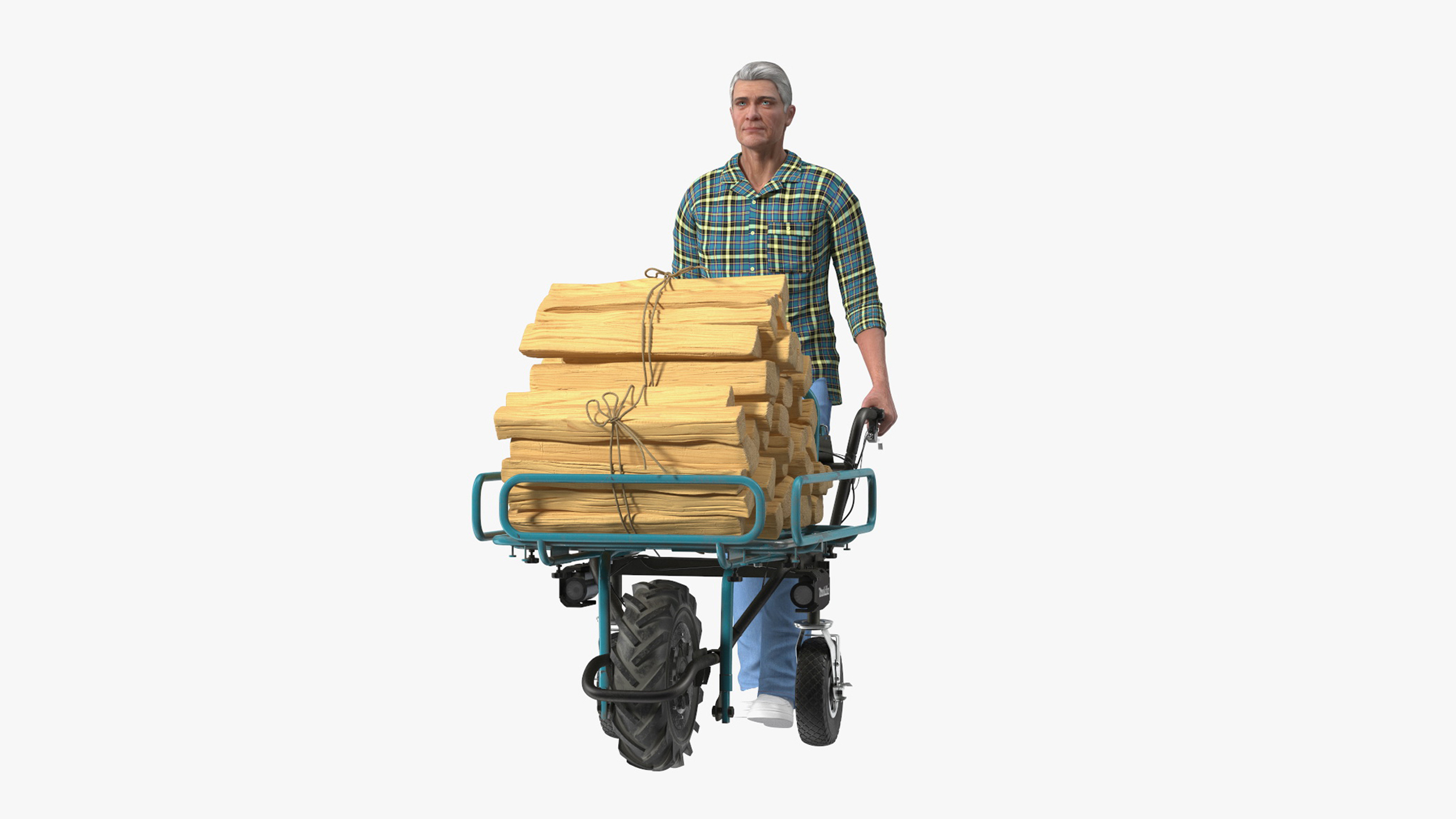 3D model Elderly Man Makita DCU180ZF Electric Wheelbarrow with Wood Rigged
