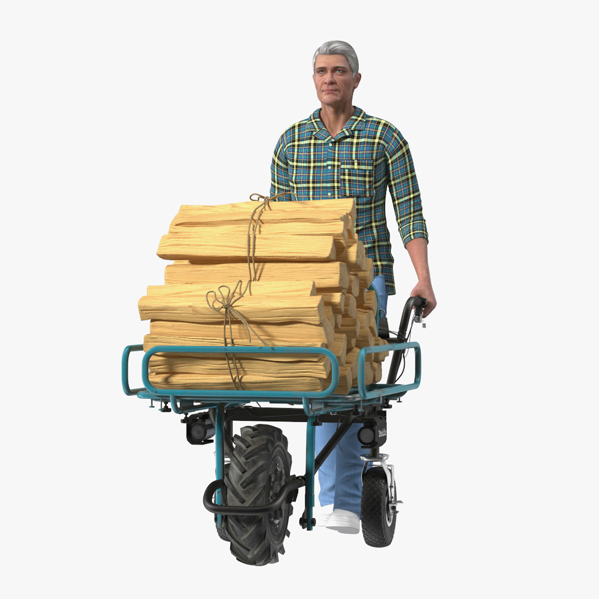 3D model Elderly Man Makita DCU180ZF Electric Wheelbarrow with Wood Rigged